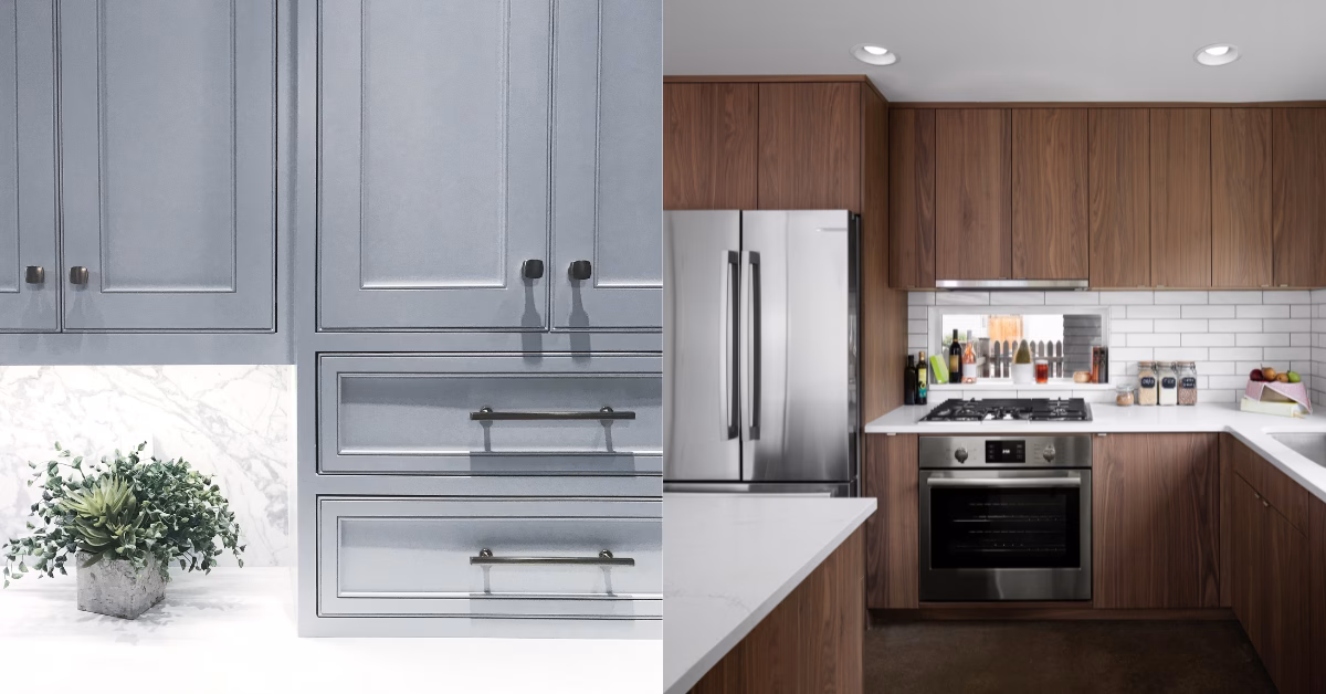 Side-by-side comparison of modern European frameless wood cabinets and traditional white shaker cabinets by Modernform Cabinets and Closets in Carrollton, Texas.
