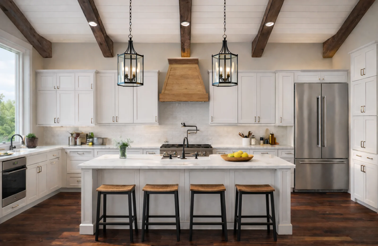 Modern white kitchen with wooden ceiling beams, white shaker cabinets, double kitchen island with barstools, and stainless steel refrigerator.