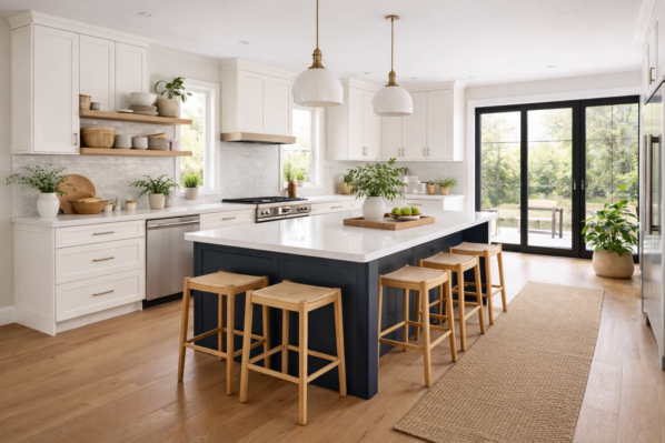 Bright modern kitchen featuring custom dove white shaker cabinets, a contrasting light wood center island with seating, and woven pendant lights.