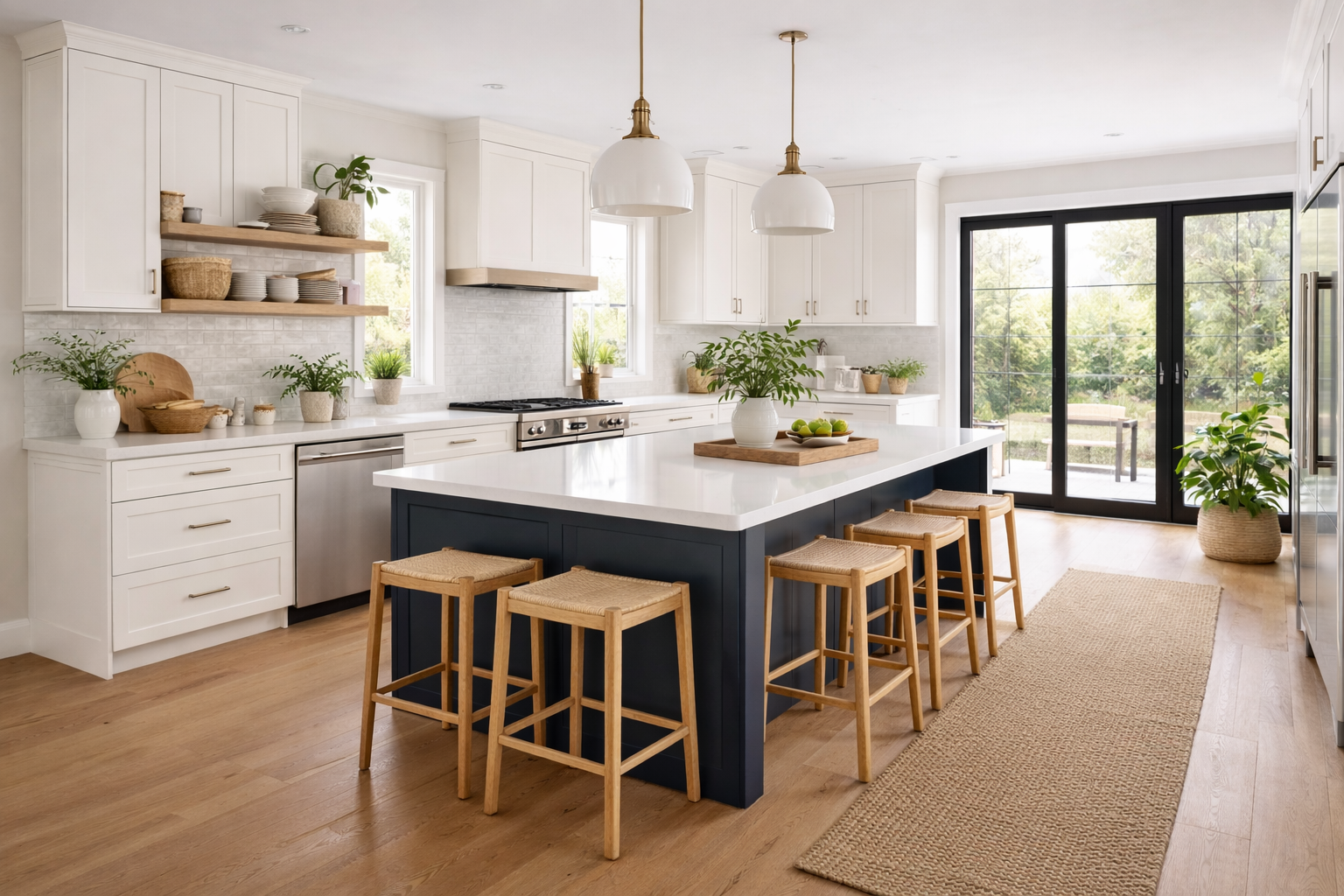Bright modern kitchen featuring custom dove white shaker cabinets, a contrasting light wood center island with seating, and woven pendant lights.