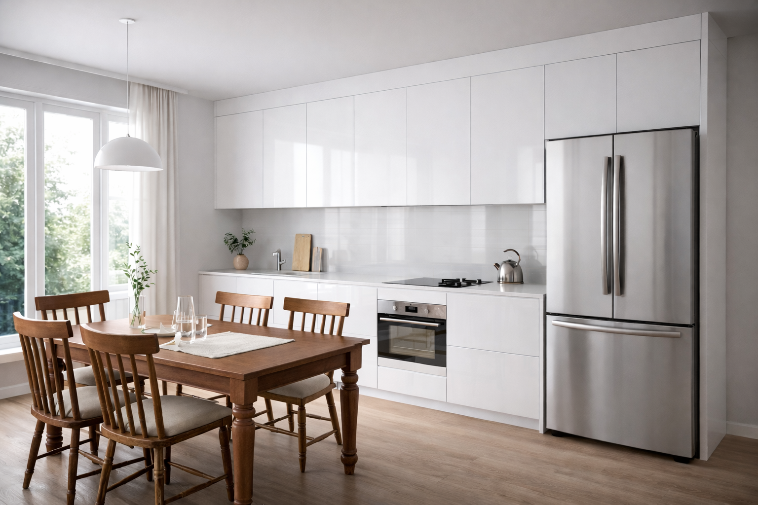 Bright modern kitchen featuring custom glossy white flat-panel cabinetry, stainless steel appliances, and a dark center island.