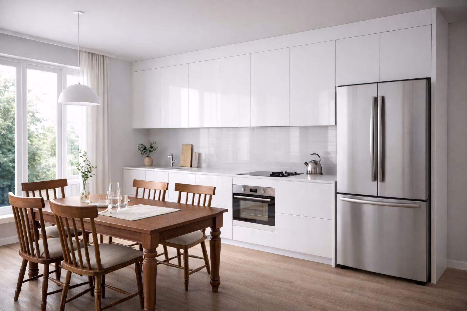 Bright modern kitchen featuring custom glossy white flat-panel cabinetry, stainless steel appliances, and a dark center island.