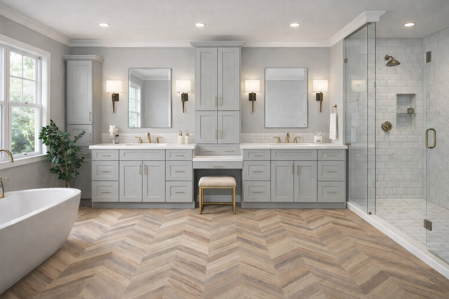 Modern bathroom featuring a custom grey double vanity, dual rectangular mirrors, white countertops, and wall sconces.
