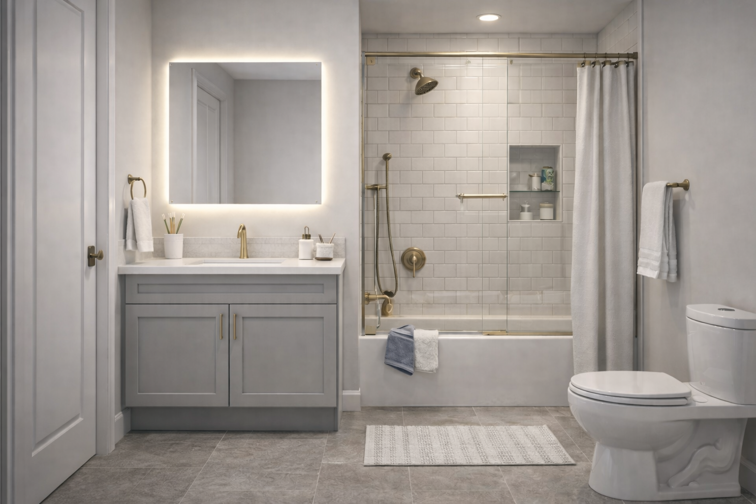 Modern bathroom featuring a custom grey single vanity with an illuminated LED mirror, white countertops, and a glass-enclosed shower.