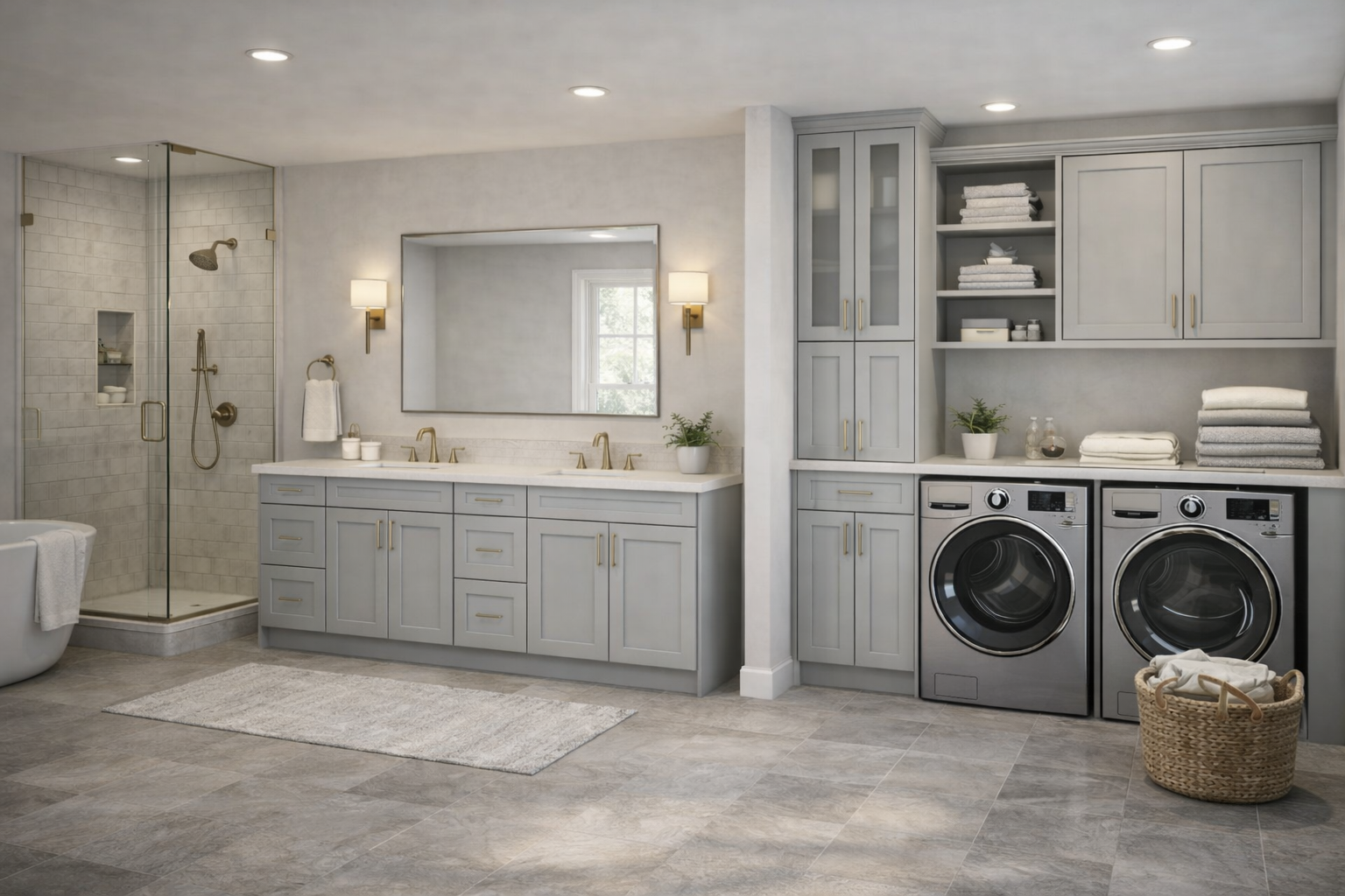 Modern bathroom featuring a custom grey double vanity, dual mirrors, white countertops, and a glass walk-in shower.