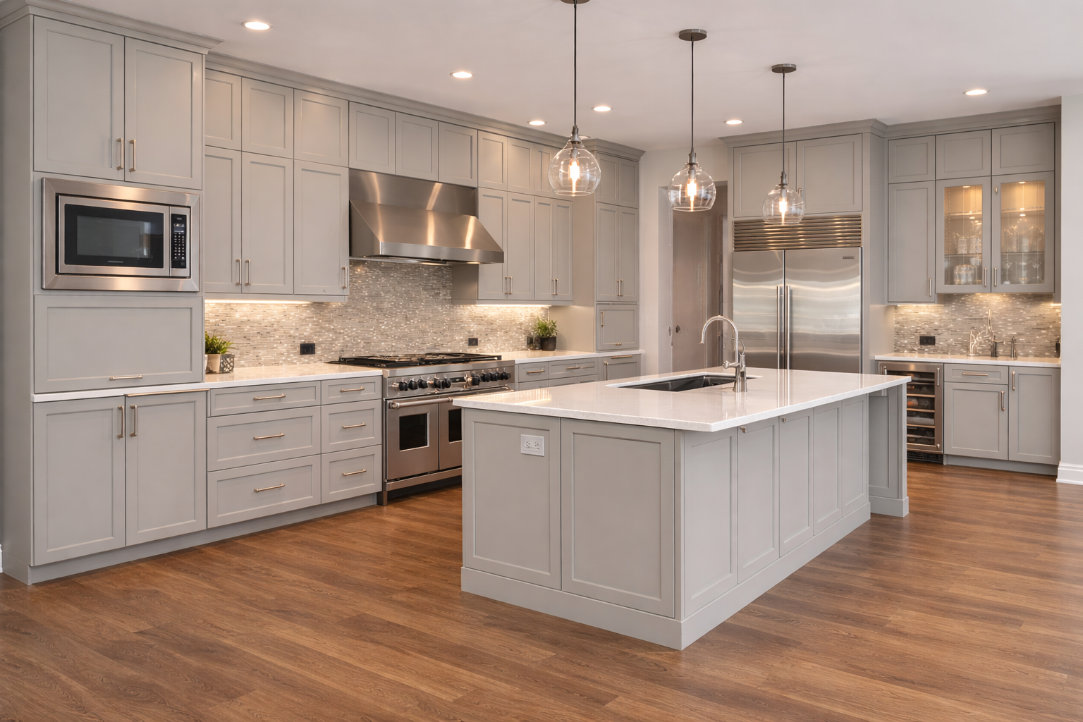 Bright kitchen featuring custom grey shaker cabinets, a large center island, and modern pendant lighting.