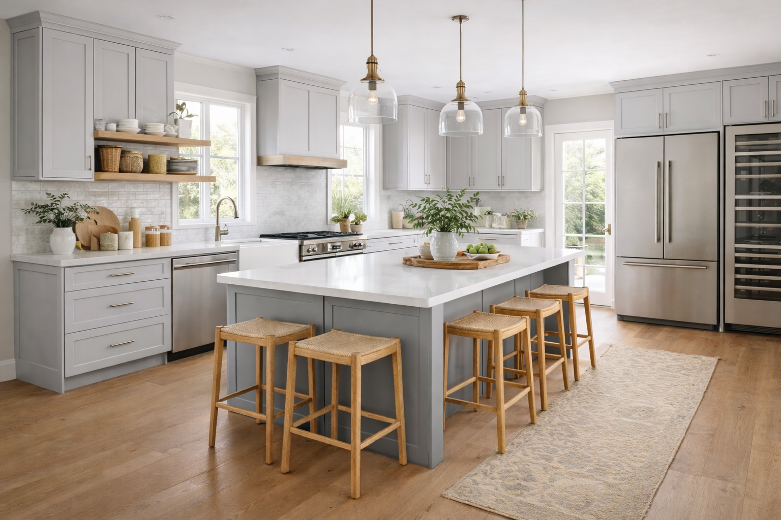 Bright kitchen featuring custom grey shaker cabinets, a large white center island with seating, and woven pendant lights.