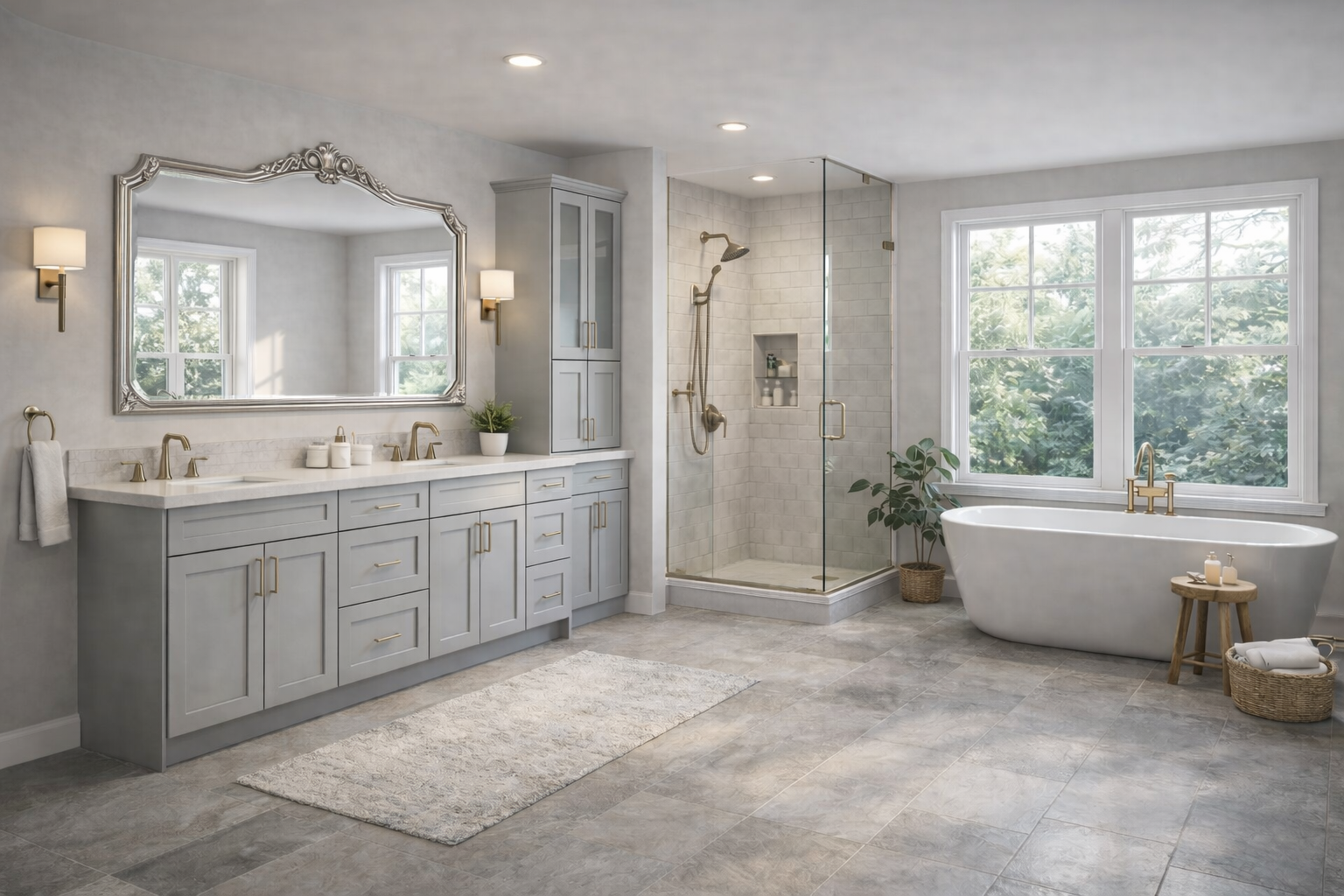 Modern bathroom featuring a custom grey double vanity with white countertops, dual mirrors, and a freestanding bathtub.