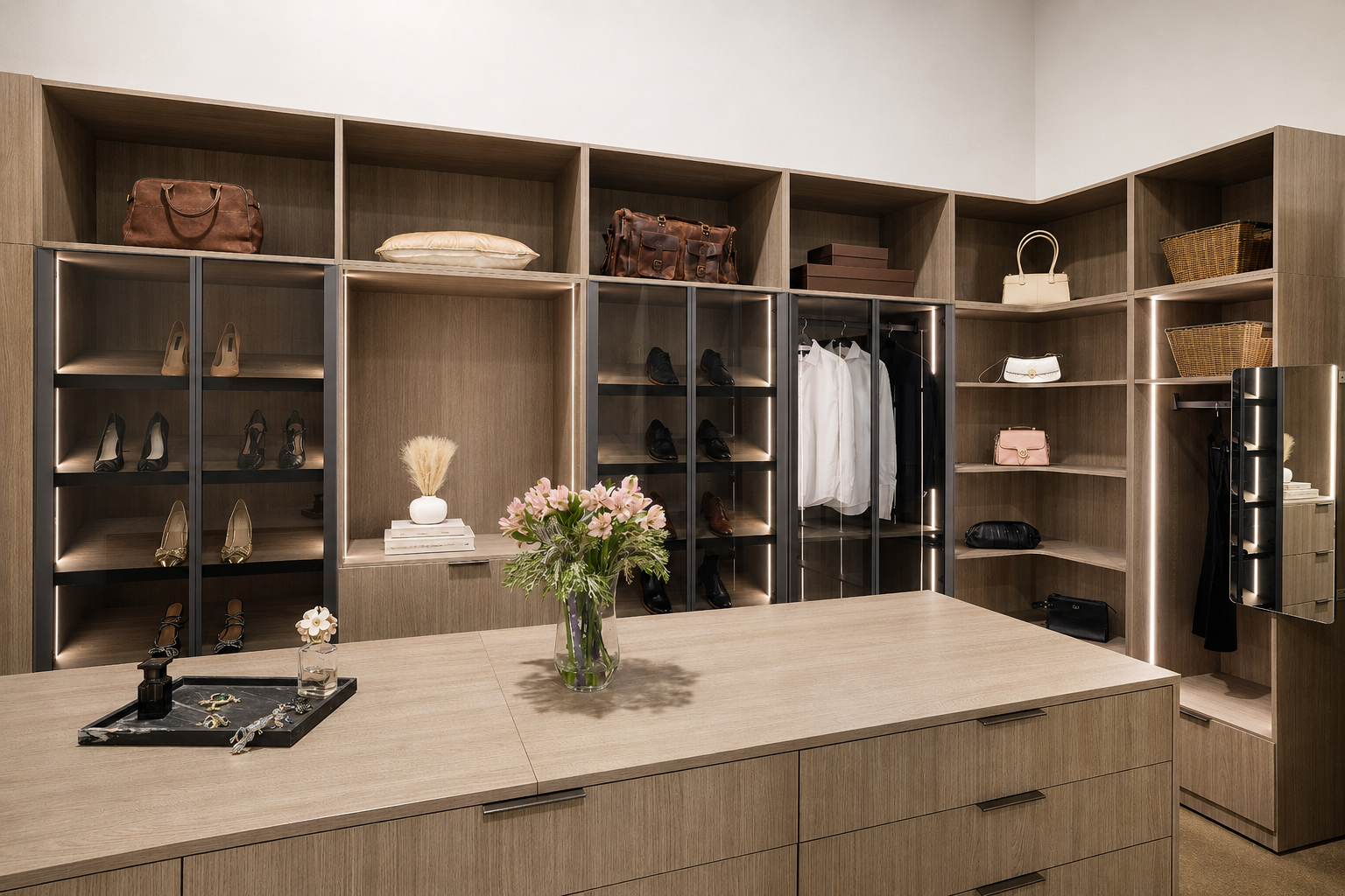 Kansas oak custom walk-in closet organizer with integrated drawers and shoe storage
