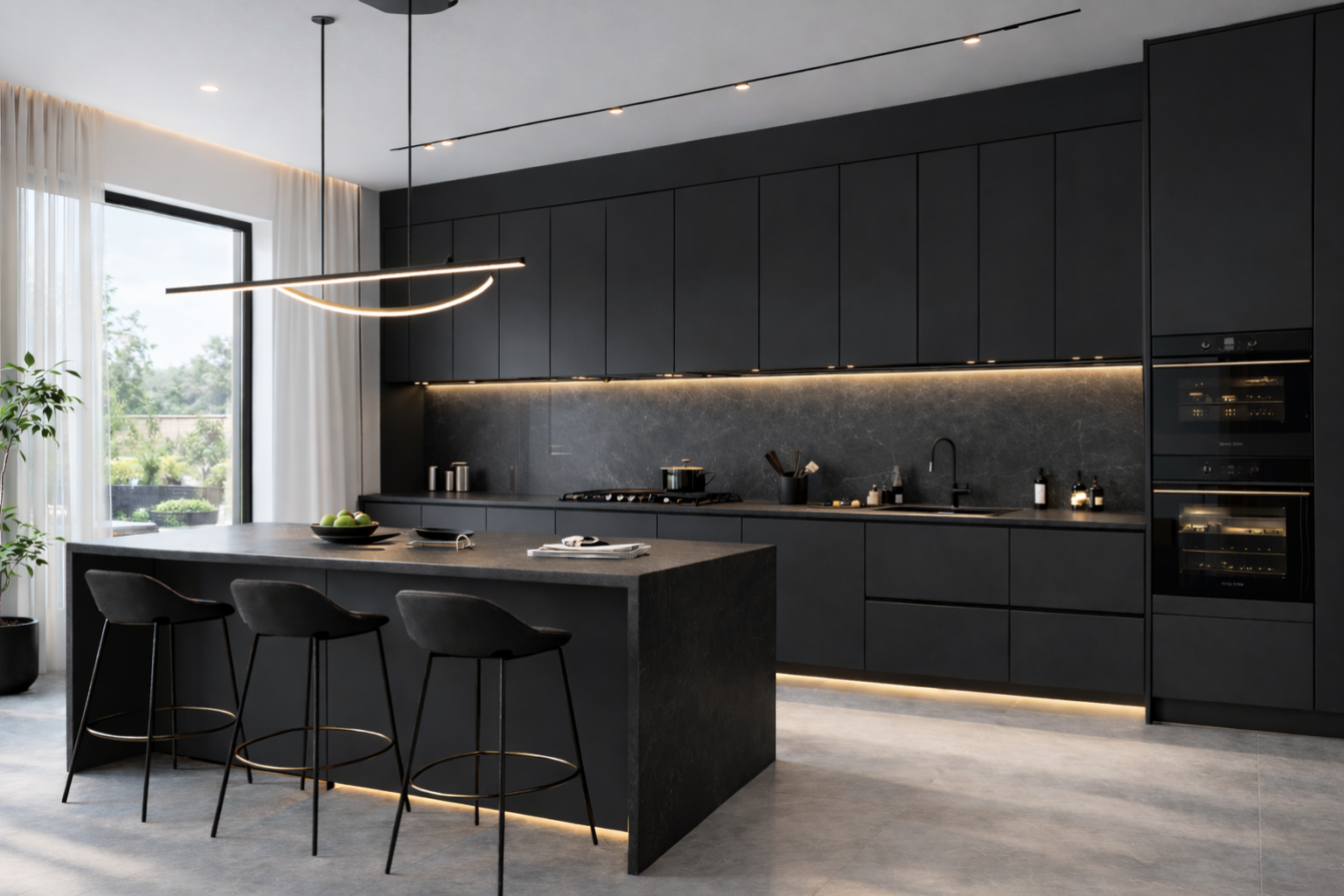 Modern kitchen featuring custom matte black flat-panel upper cabinets with integrated lighting and a dark backsplash.