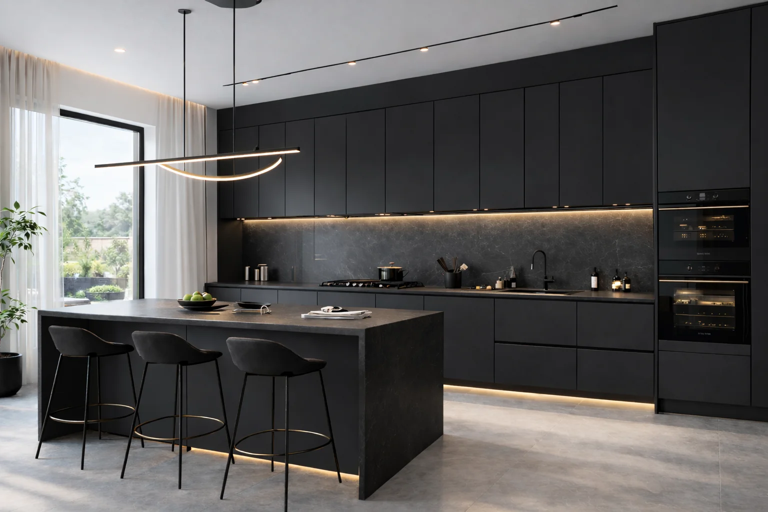 Modern kitchen featuring custom matte black flat-panel upper cabinets with integrated lighting and a dark backsplash.