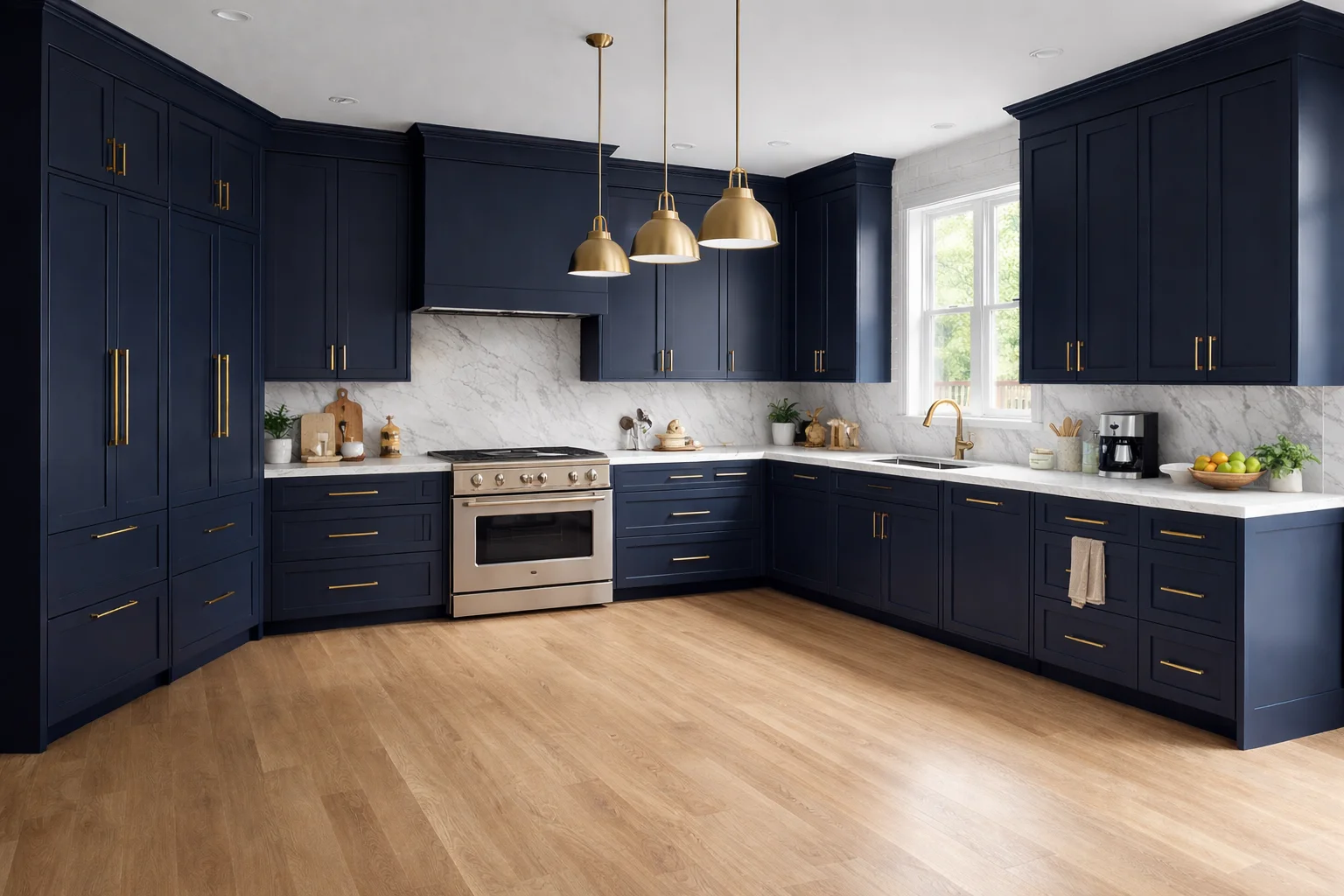 Modern kitchen featuring custom midnight blue flat-panel cabinets, white countertops, and wood flooring.