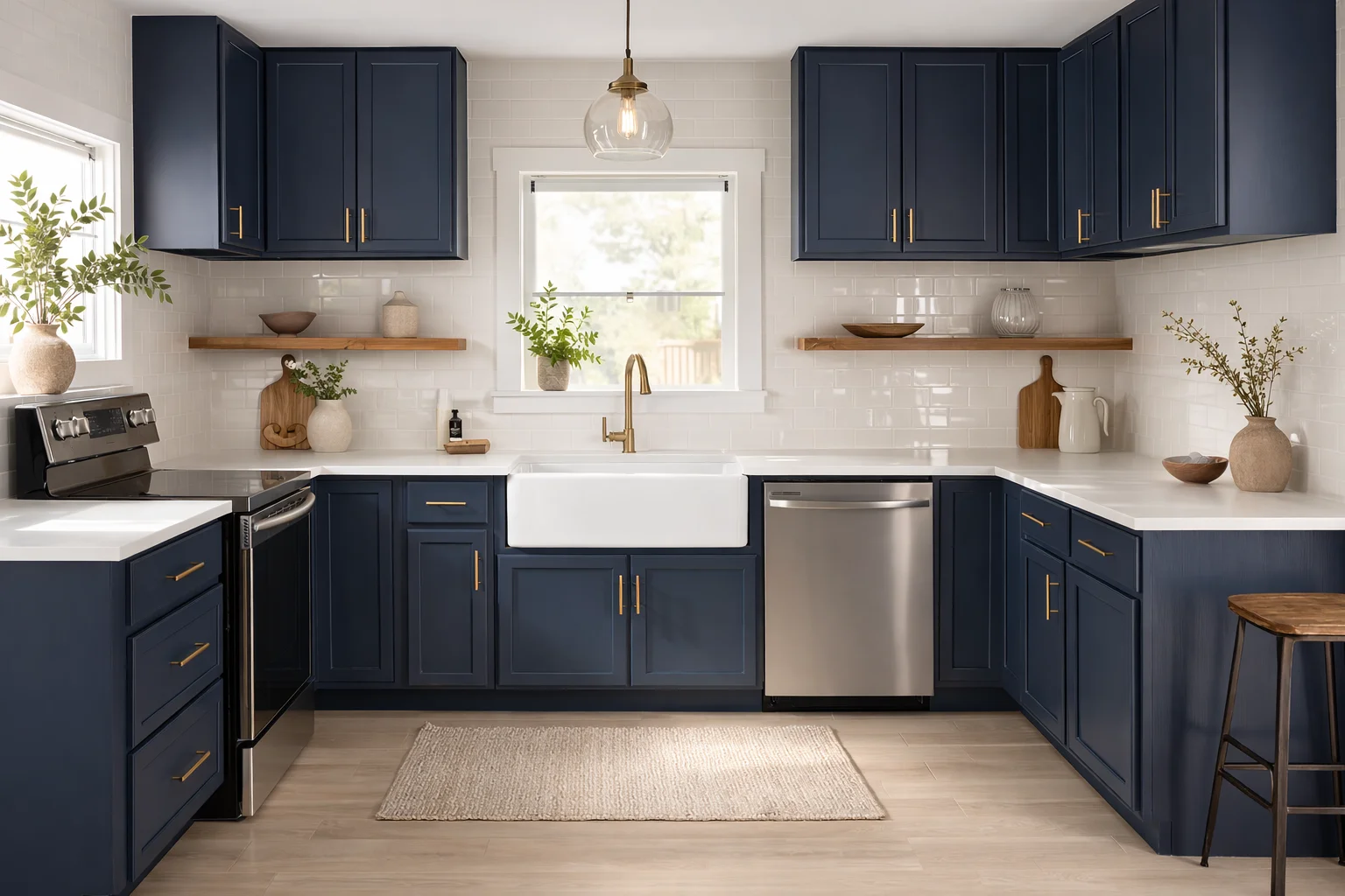 Modern kitchen featuring custom midnight blue flat-panel cabinets, gold hardware, and a stainless steel range.