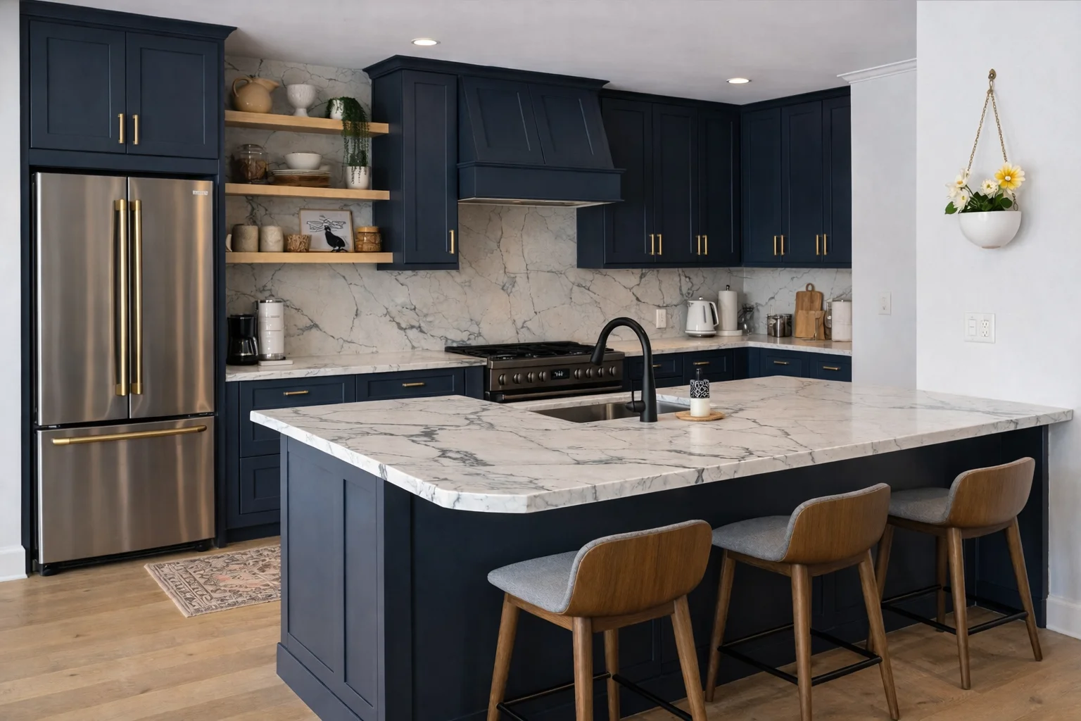 Modern kitchen featuring custom midnight blue flat-panel cabinets, wood floating shelves, and a white subway tile backsplash.