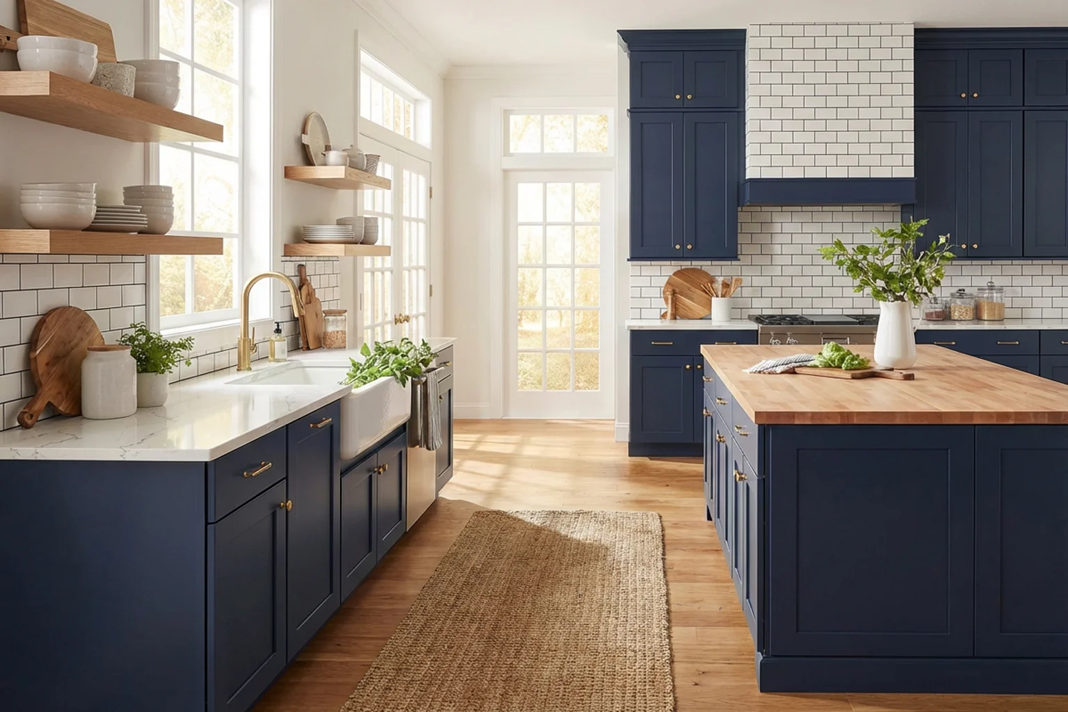 Modern kitchen featuring custom midnight blue flat-panel cabinets, white countertops, and a sink positioned beneath a window.