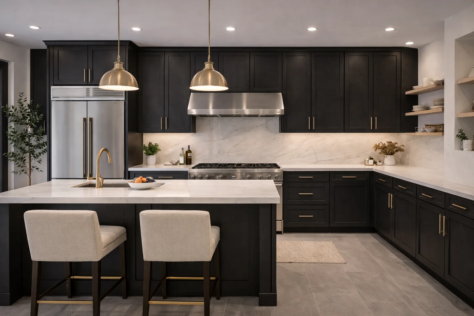 Modern kitchen featuring custom slate grey flat-panel cabinets, dark countertops, and modern pendant lighting.