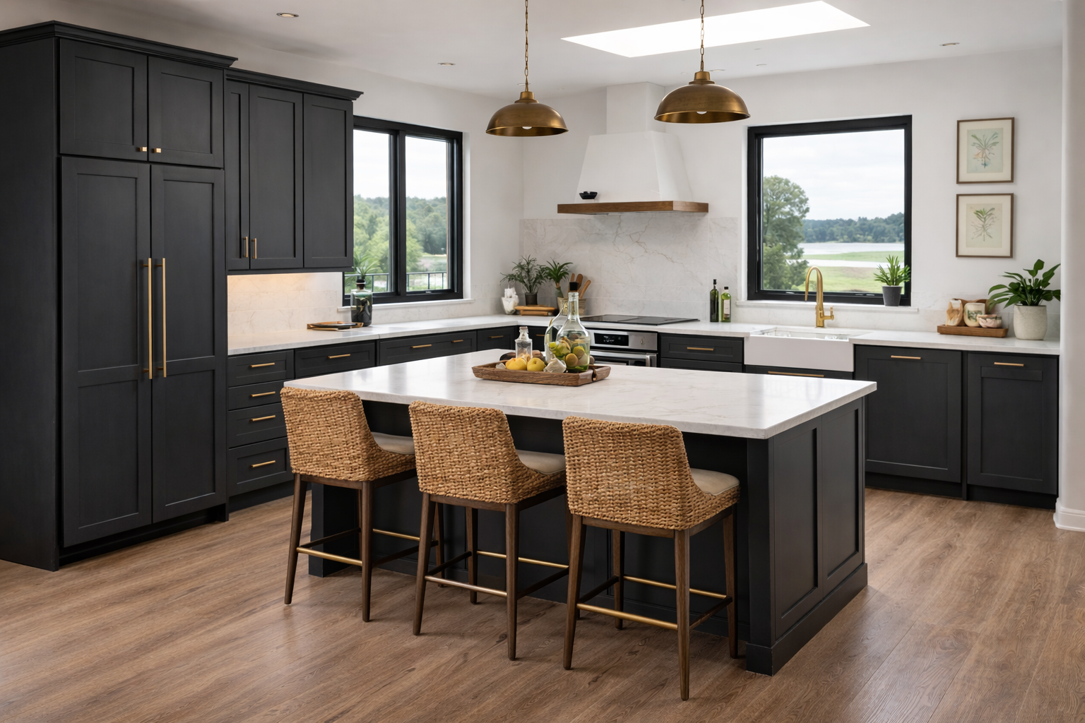 Modern kitchen featuring custom slate grey flat-panel cabinets, a white center island, and a light wood range hood.