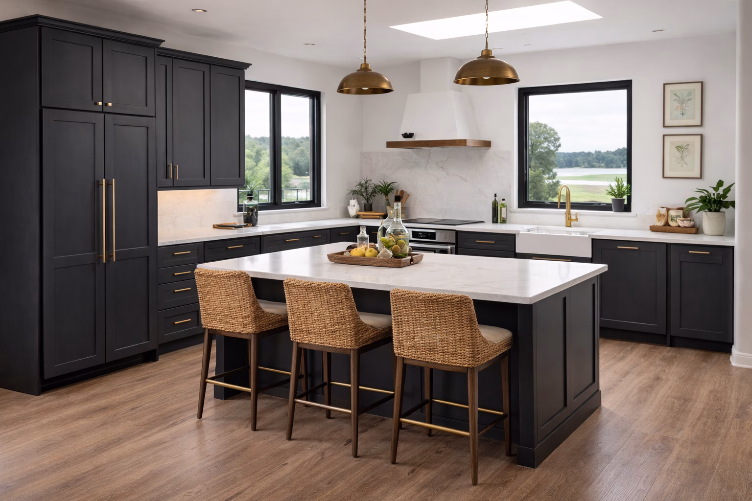 Modern kitchen featuring custom slate grey flat-panel cabinets, a white center island, and a light wood range hood.