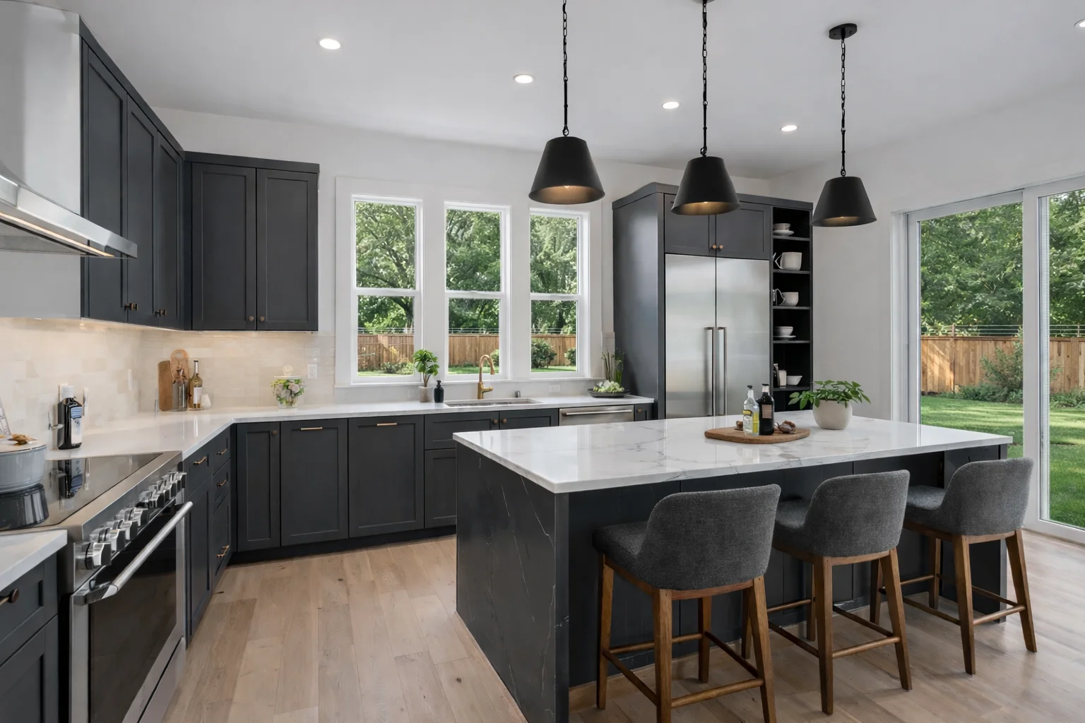 Modern kitchen featuring custom slate grey flat-panel cabinets, open wood shelving, and white countertops.