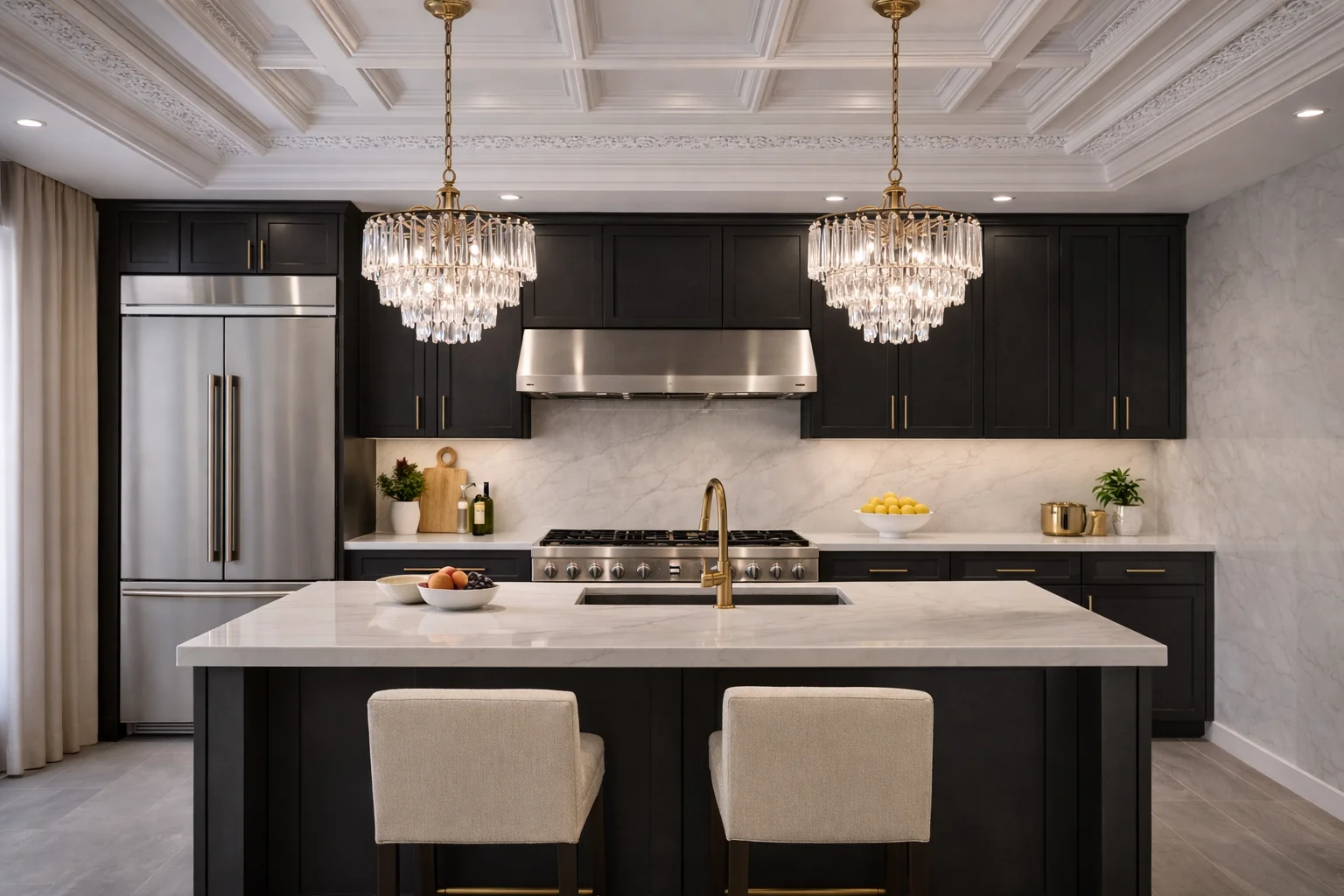 Modern kitchen featuring custom slate grey flat-panel cabinets with a matching backsplash and under-cabinet lighting.