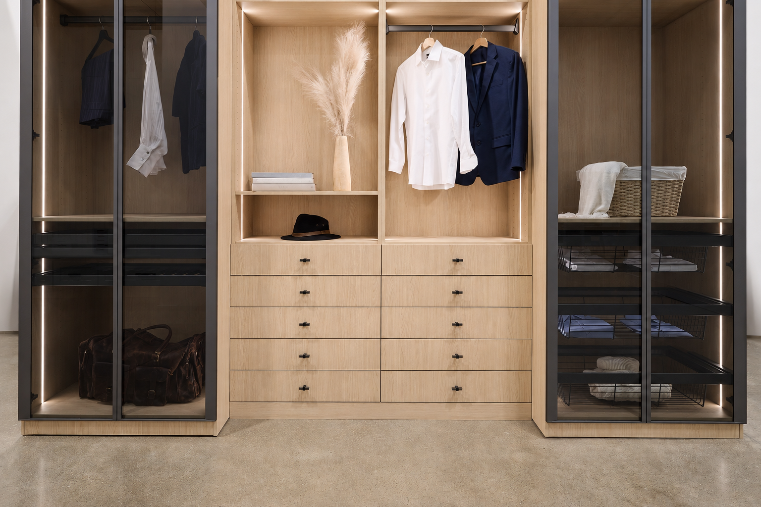 Custom natural oak walk-in closet system with shelving, drawers, and hanging clothing