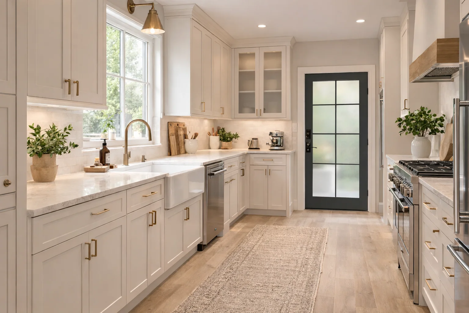 Bright modern kitchen featuring custom dove white shaker cabinets, a white tile backsplash, a dark range hood, and a dark center island.