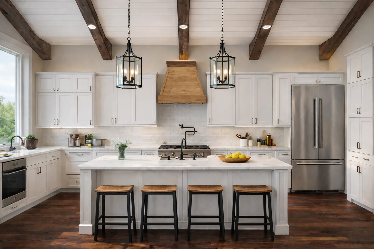 Modern dove white shaker kitchen cabinets with double island layout and wood ceiling beams