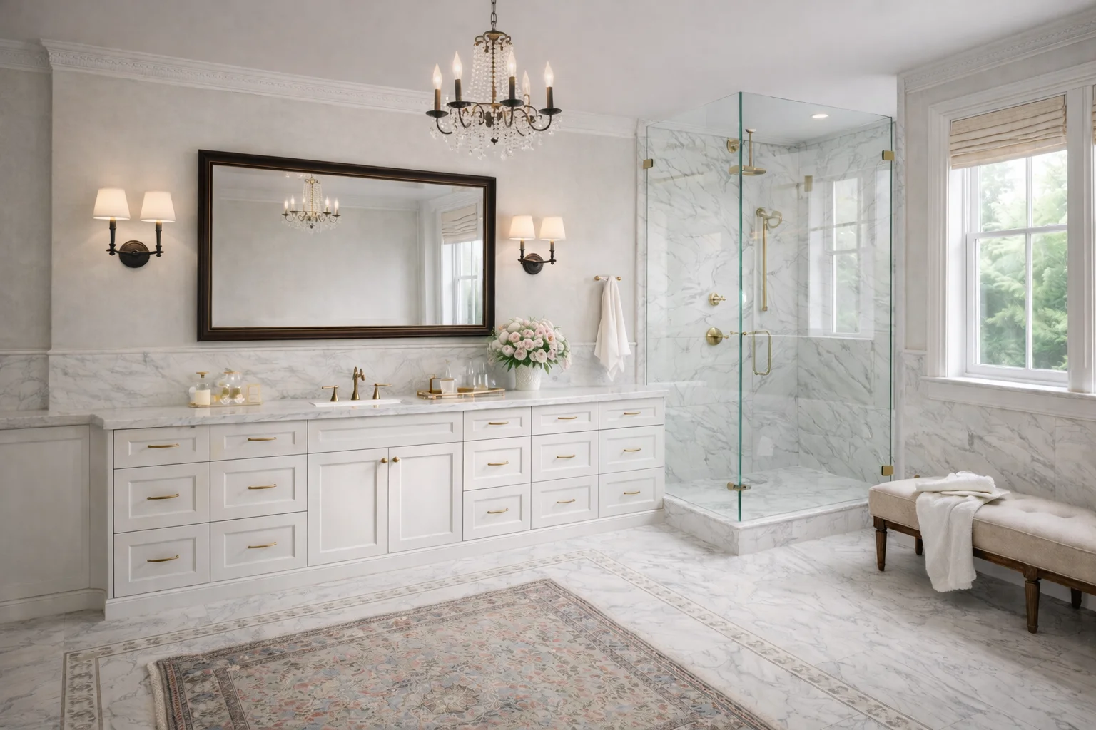 Bright modern bathroom featuring a custom dove white shaker double vanity, white countertops, dual mirrors, and a glass-enclosed walk-in shower.