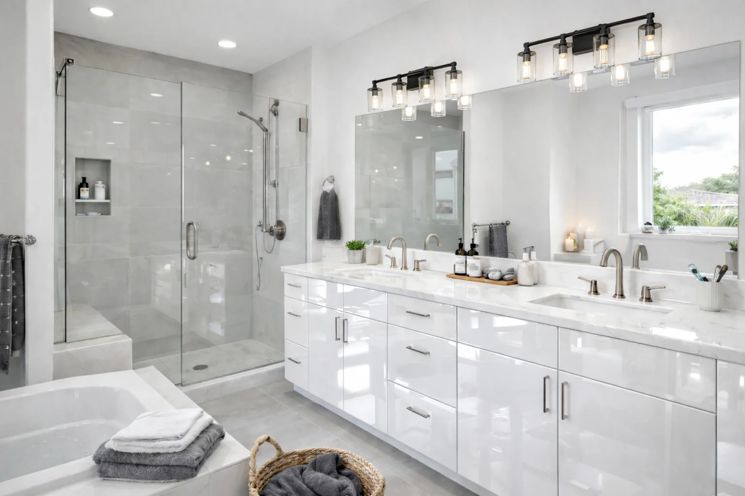 Bright modern bathroom featuring a custom glossy white flat-panel double vanity with silver hardware, a white countertop, a large mirror with black vanity lights, a freestanding bathtub, and a glass-enclosed walk-in shower.