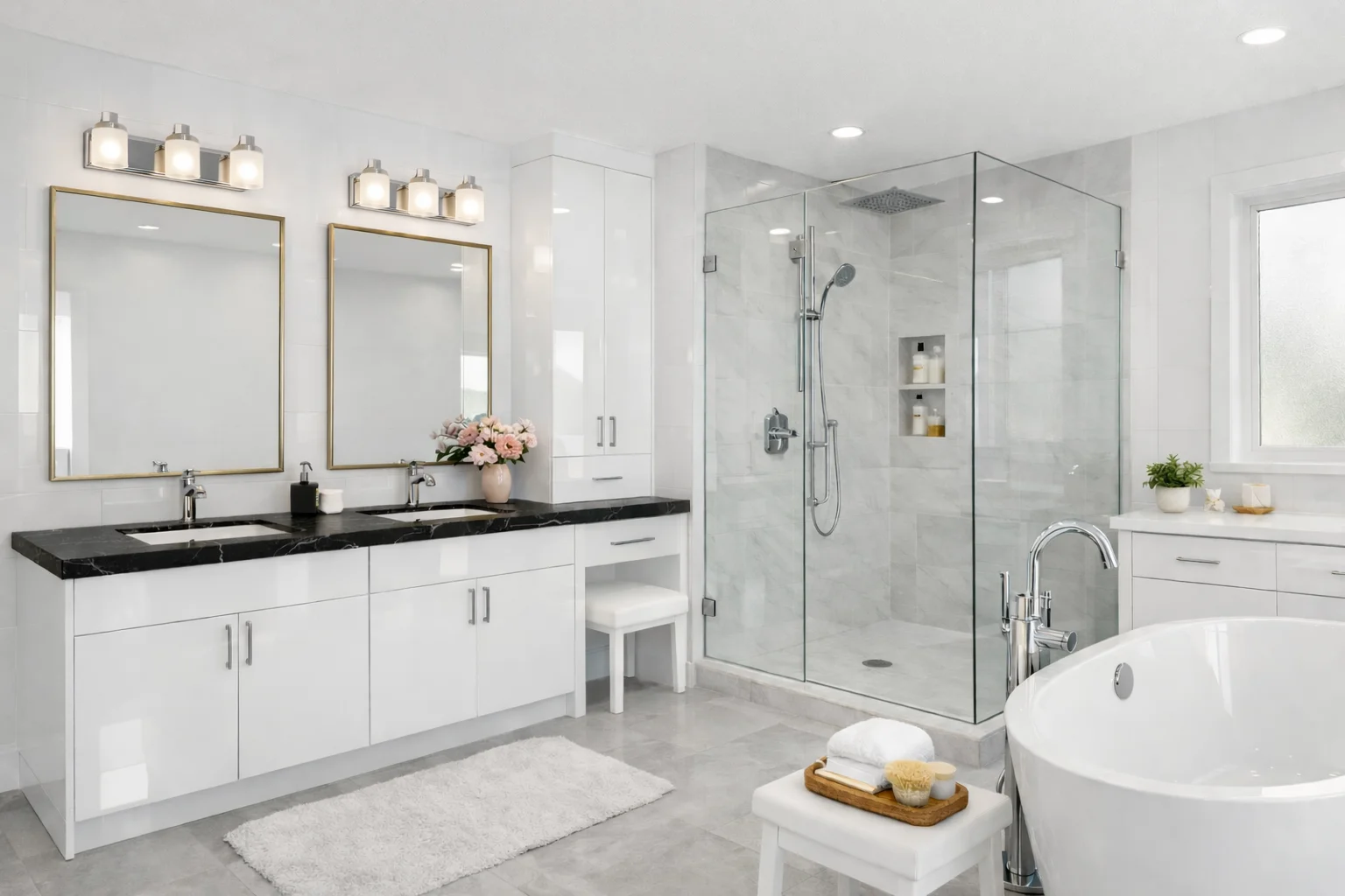 Bright modern bathroom featuring a custom glossy white flat-panel double vanity with a dark countertop, dual mirrors, silver hardware, a glass-enclosed walk-in shower, and a freestanding white bathtub.
