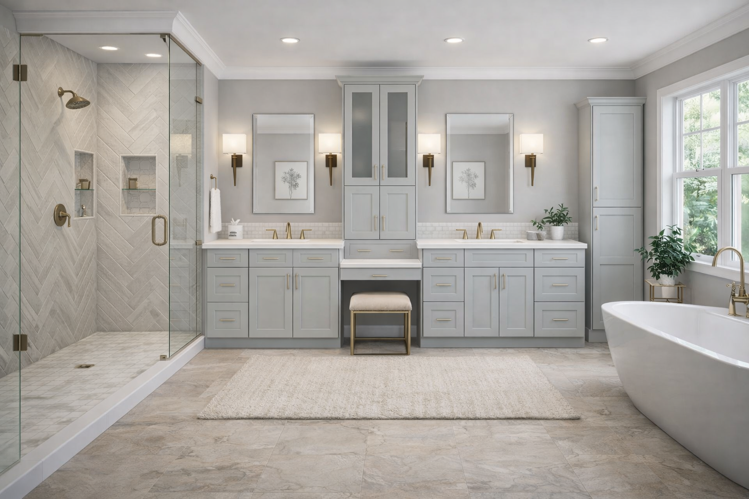 Modern bathroom featuring a custom grey single vanity, a large mirror, white countertops, and a glass-enclosed walk-in shower.