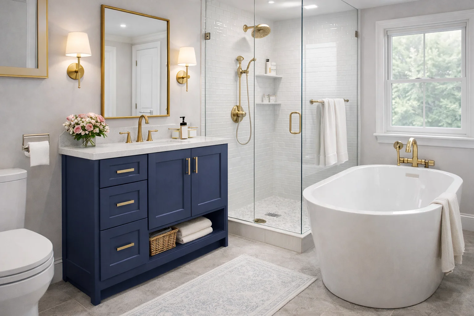 Modern bathroom featuring a custom midnight blue double vanity, large mirror, white countertops, and a freestanding bathtub.