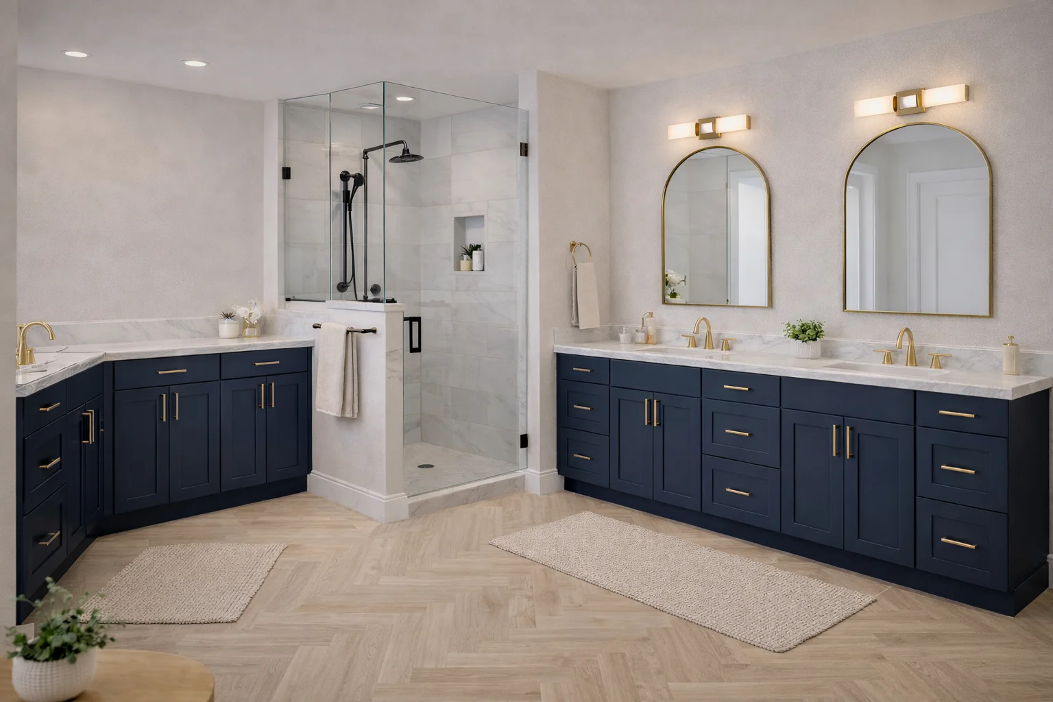 Modern bathroom featuring a custom midnight blue single vanity, round mirror, white toilet, and a bathtub.