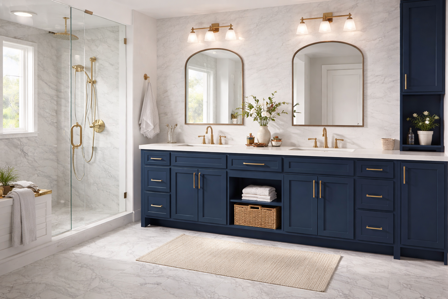 Modern bathroom featuring a custom midnight blue double vanity with dual arched mirrors, white countertops, and wall sconces.