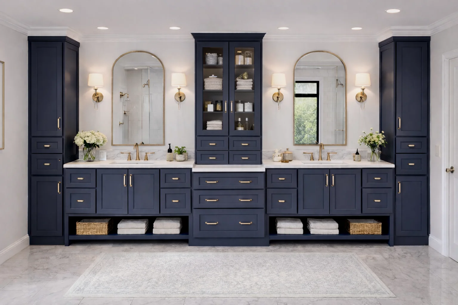 Modern bathroom featuring a custom midnight blue double vanity with gold hardware, dual arched mirrors, and white countertops.