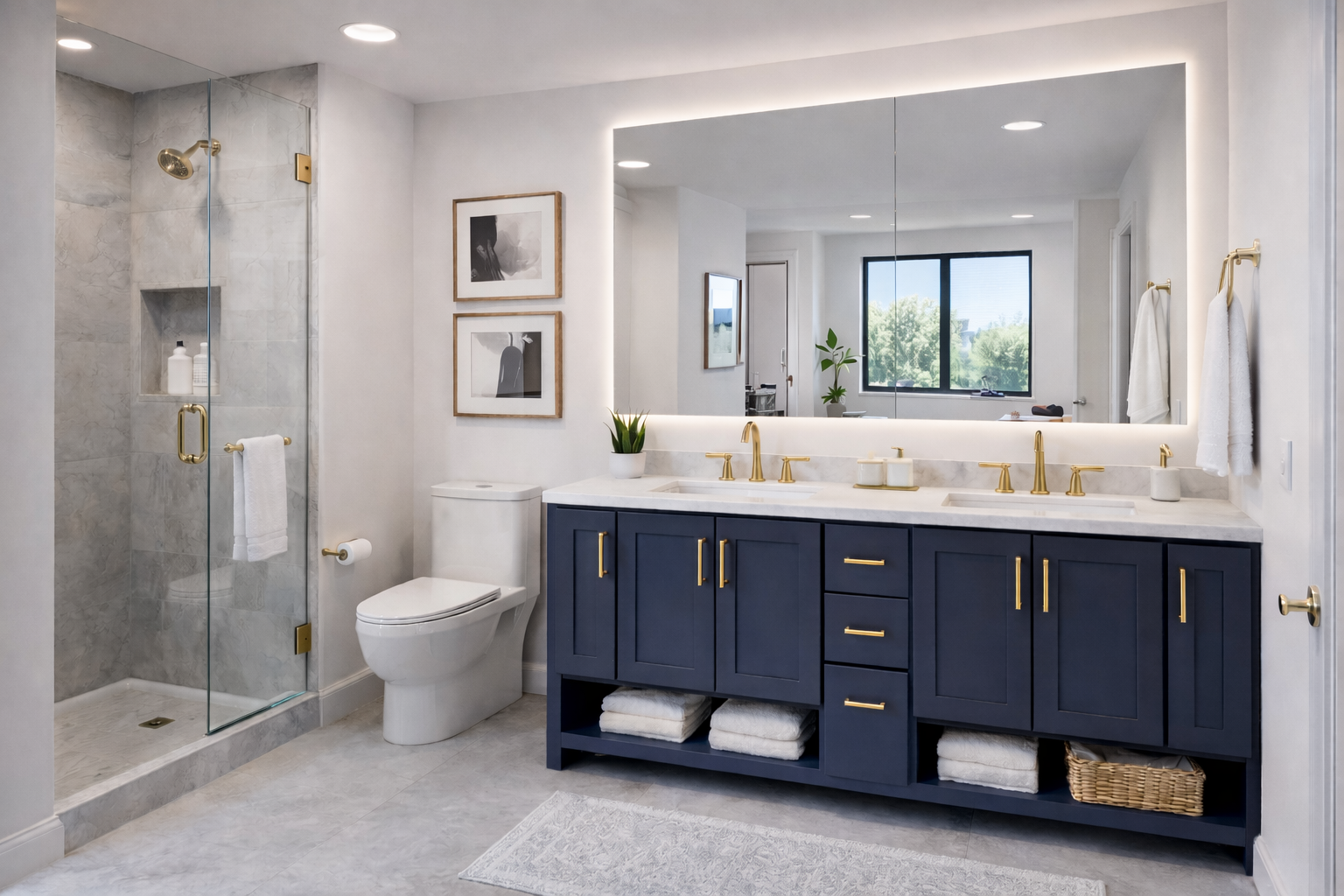 Modern bathroom featuring a custom midnight blue double vanity with a large mirror, white countertops, and bright lighting.