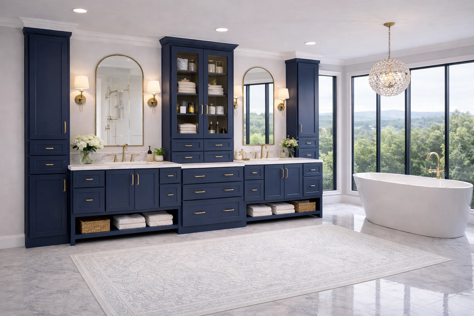 Bright modern bathroom featuring a custom midnight blue double vanity separated by a central window, dual mirrors, and white countertops.