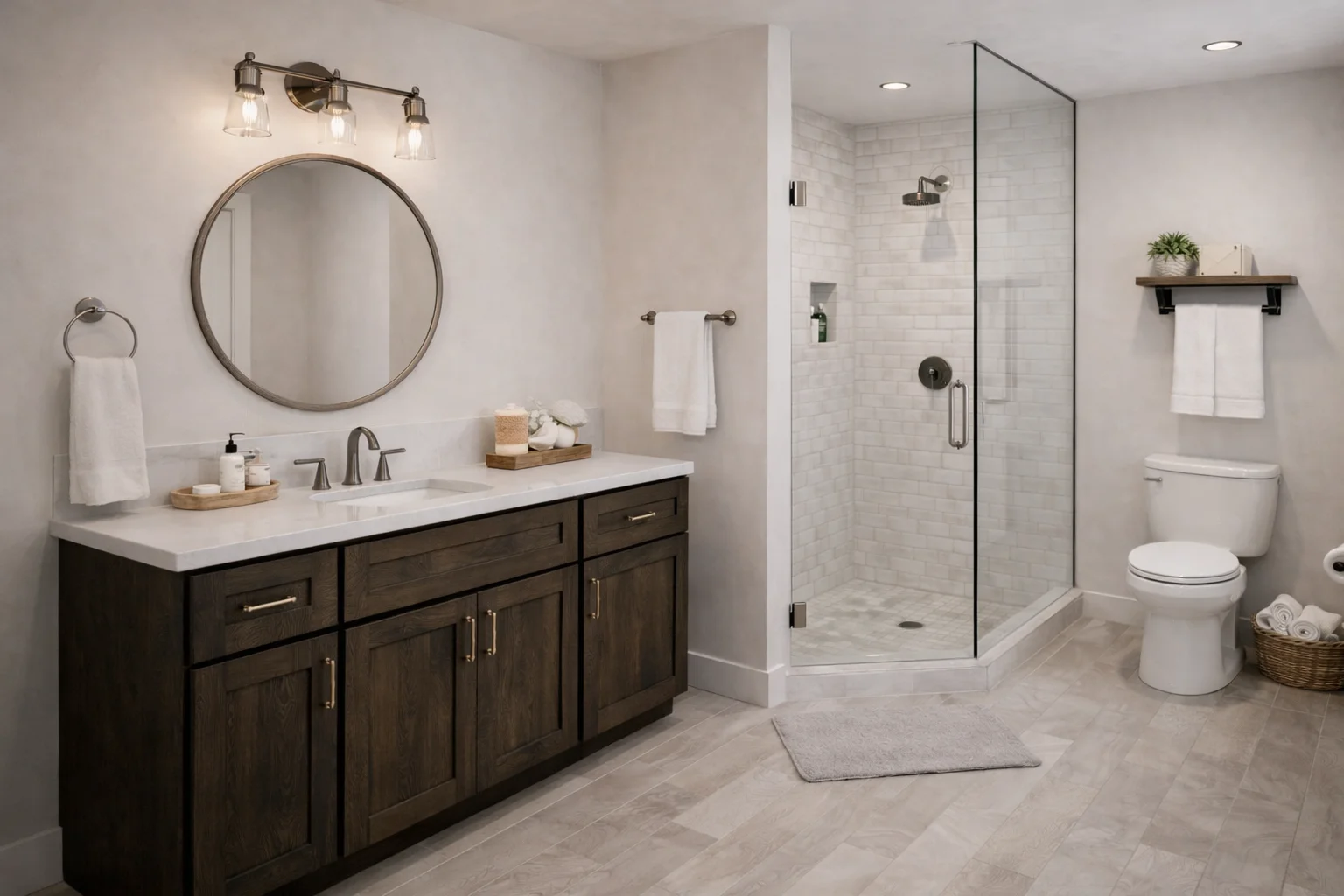 Modern bathroom featuring a custom slate grey double vanity with dual mirrors, white countertops, and a walk-in glass shower.