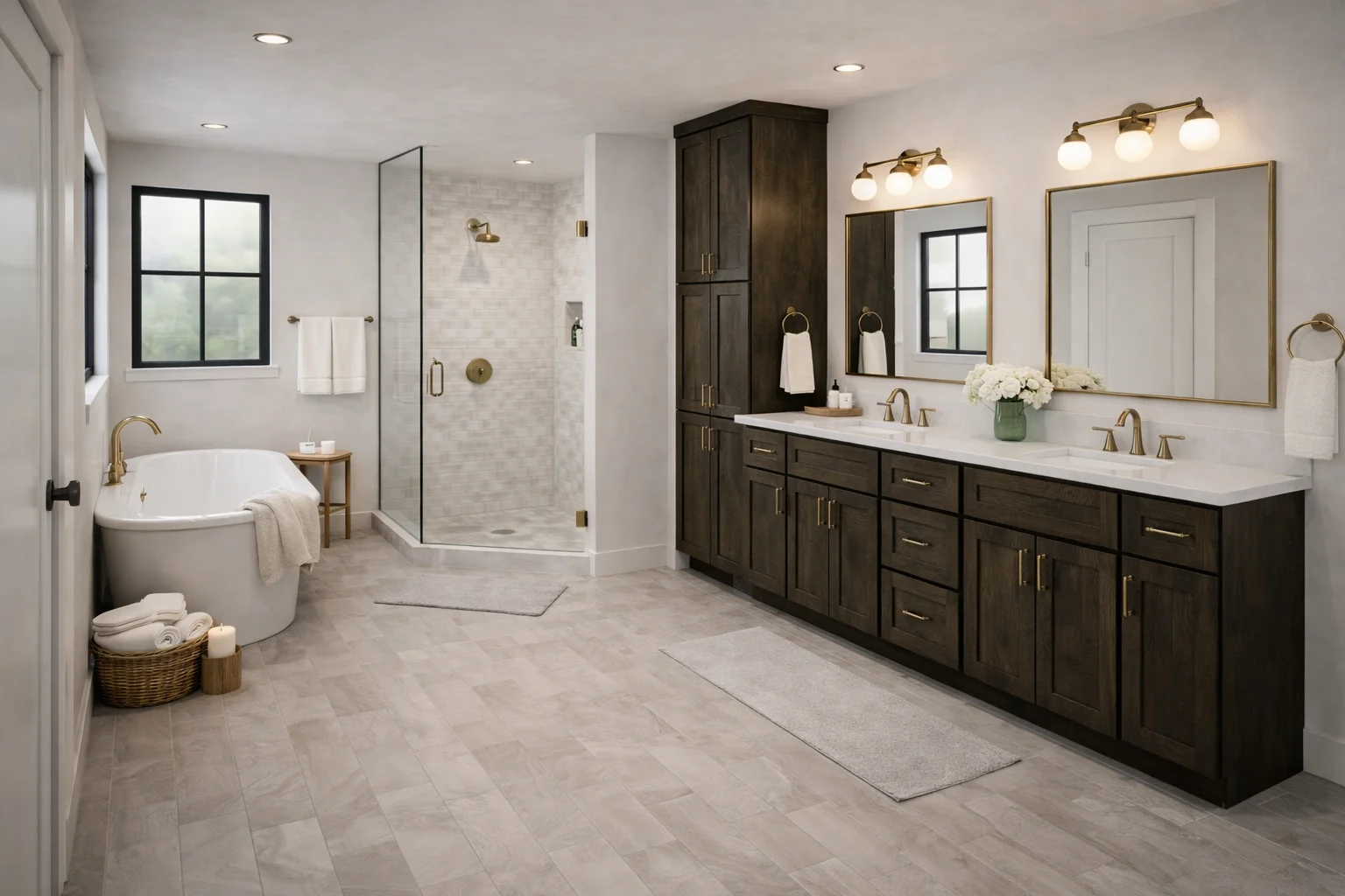 Modern bathroom featuring a custom slate grey double vanity, white countertop, large mirror, dark flooring, and a bathtub.