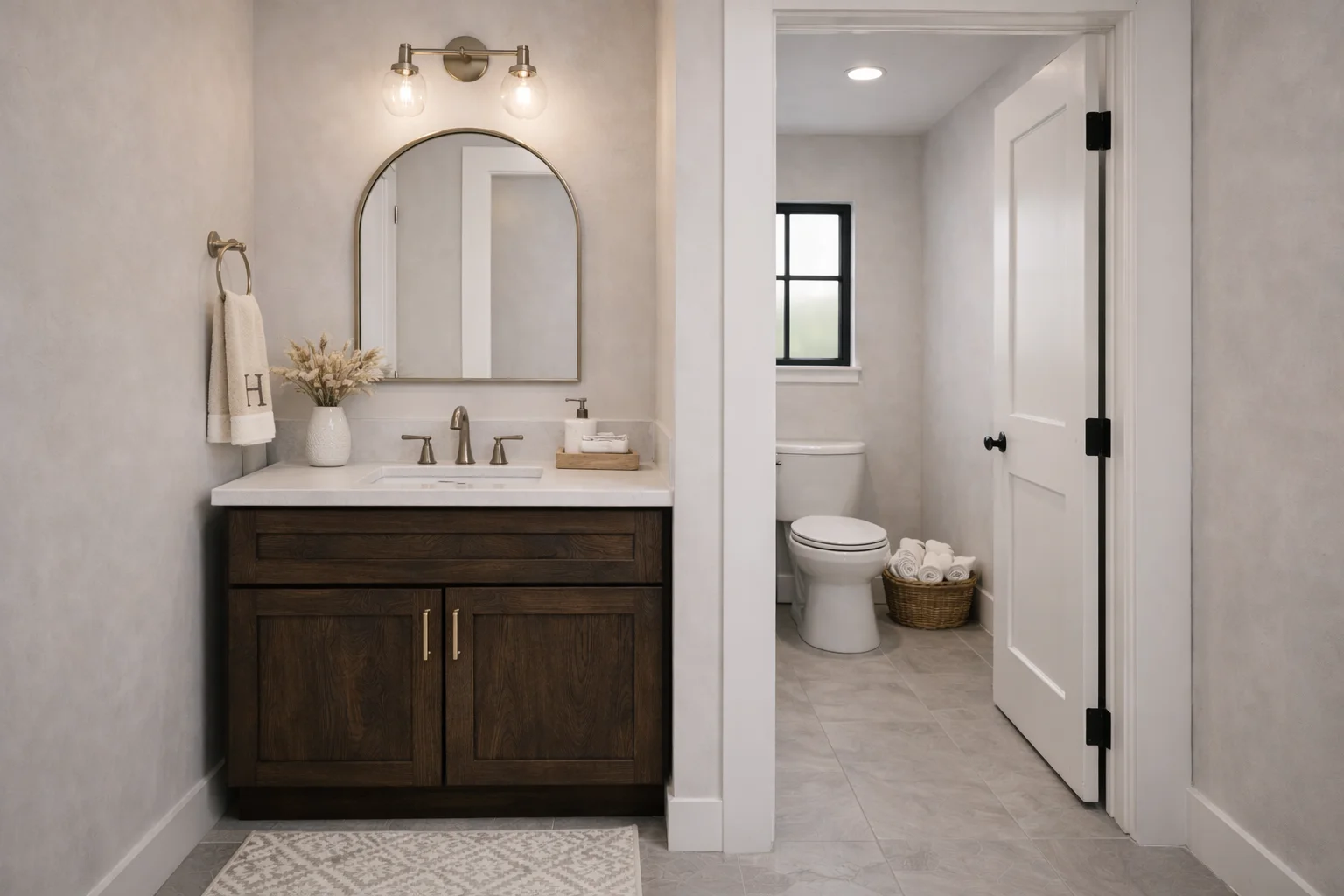 Modern bathroom featuring a custom slate grey double vanity with a large mirror, white countertops, a toilet, and a freestanding bathtub.