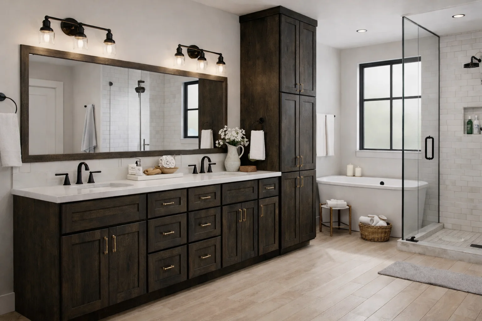 Modern bathroom featuring a custom slate grey double vanity with white countertops, dual rectangular mirrors, and wall sconces.