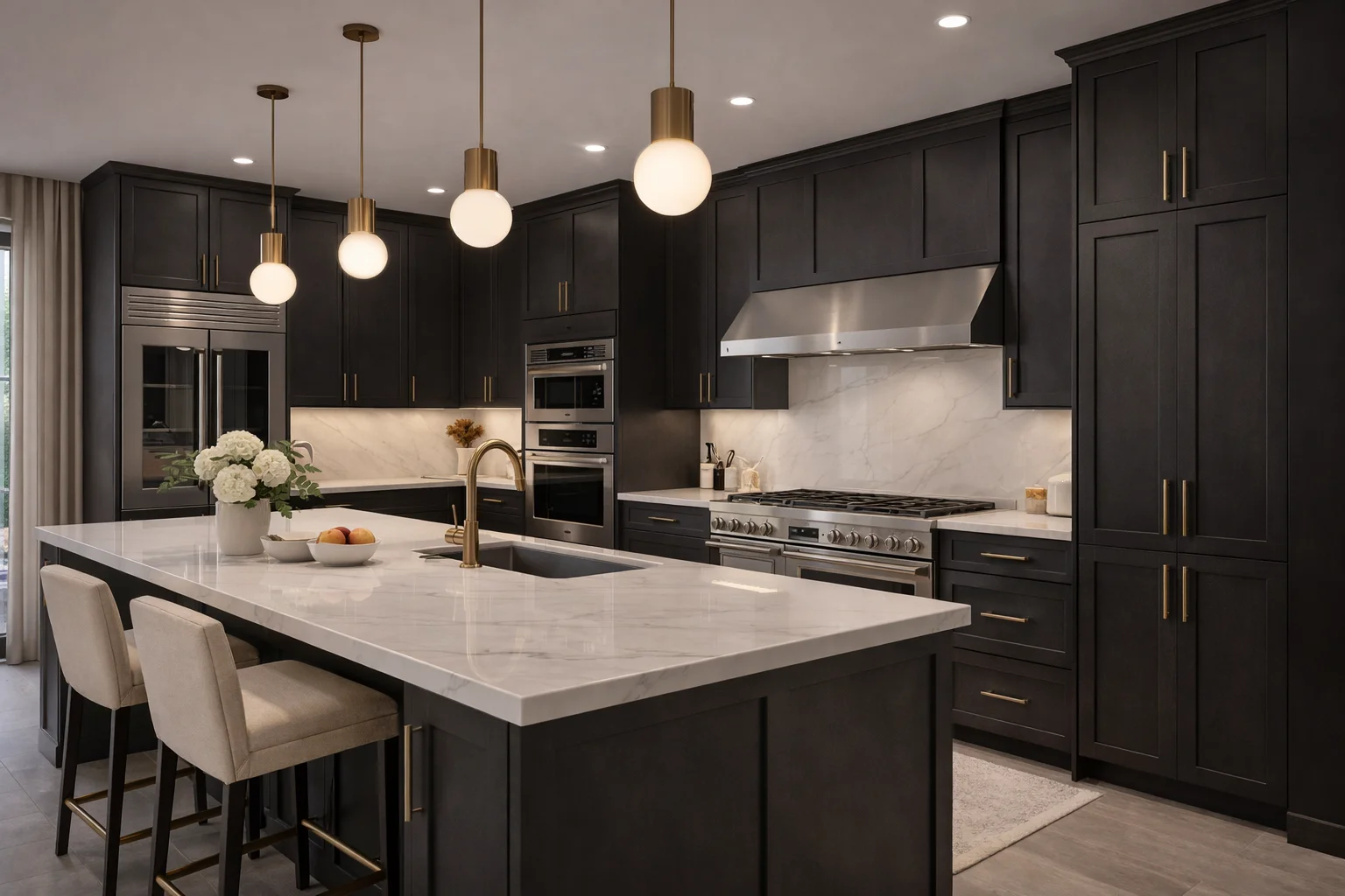 Modern kitchen featuring custom slate grey flat-panel cabinets, a large white center island, and pendant lighting.