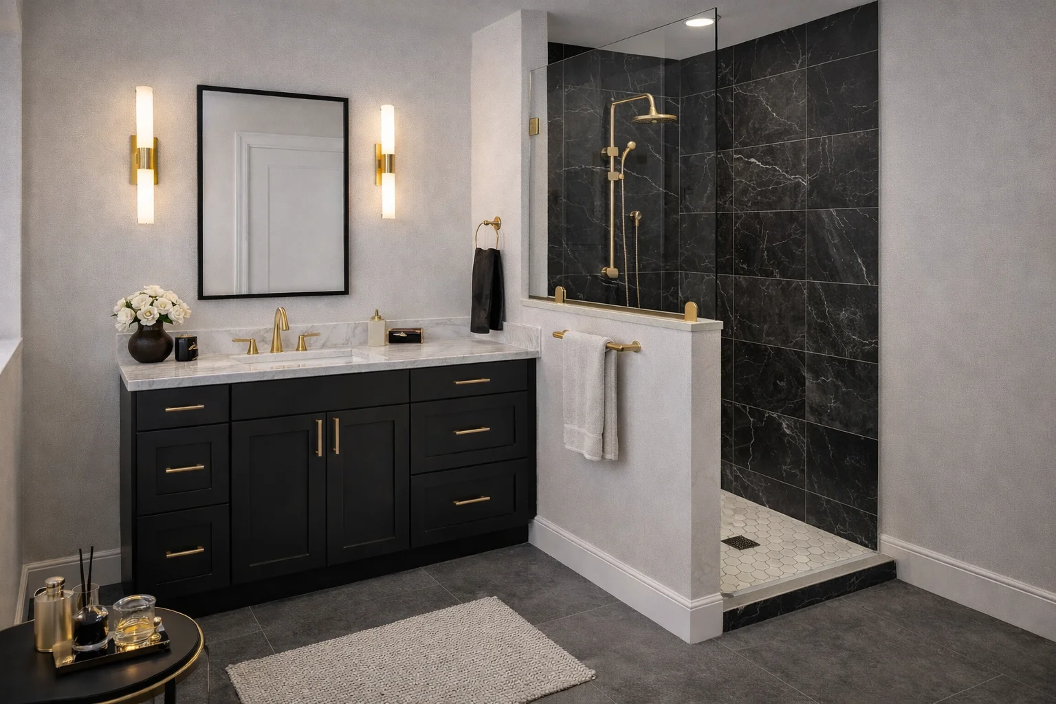 Modern bathroom featuring a custom onyx black single vanity, white countertop, square mirror, toilet, and a glass-enclosed walk-in shower.