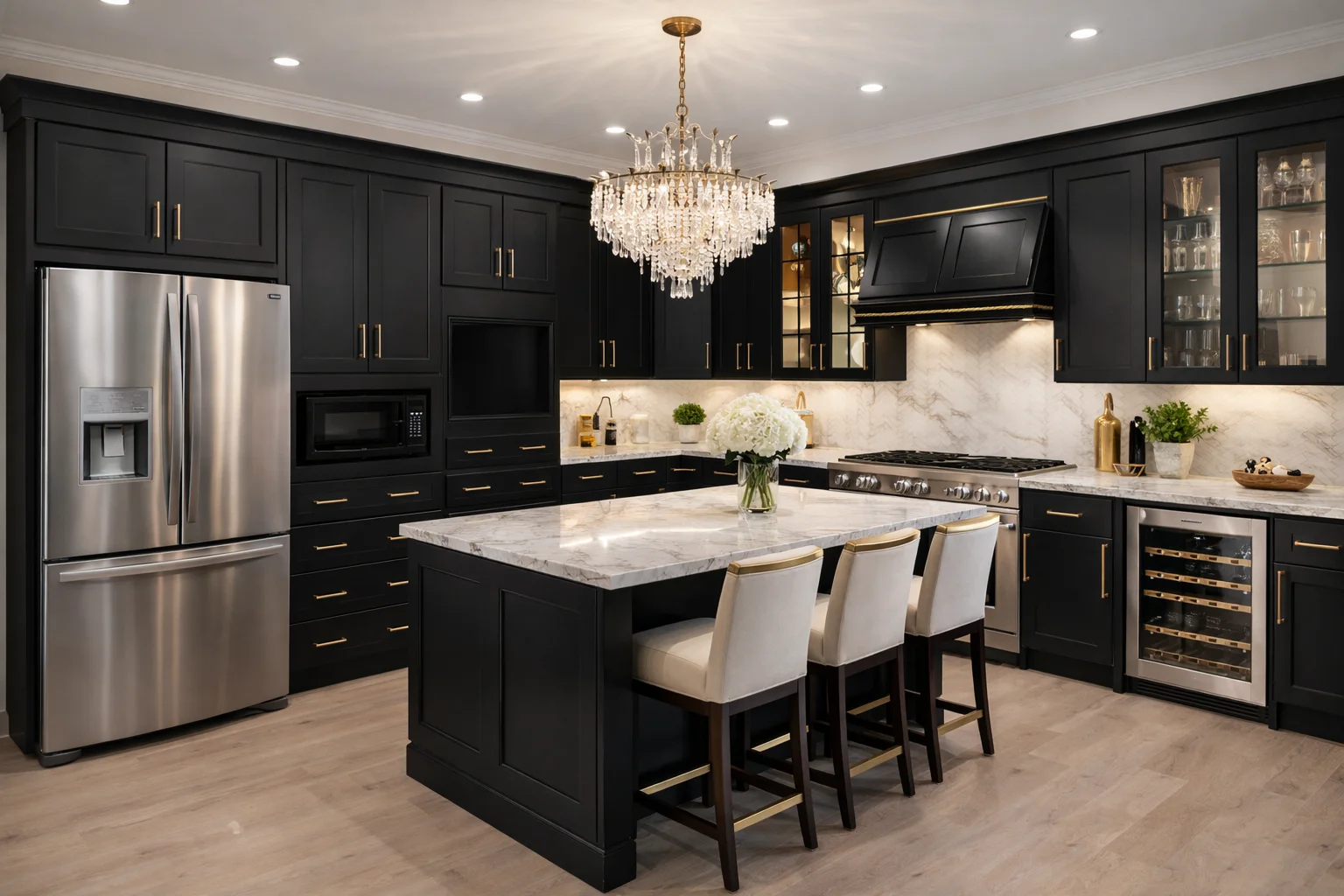 Modern kitchen featuring custom onyx black flat-panel cabinetry, white countertops, and a built-in oven.
