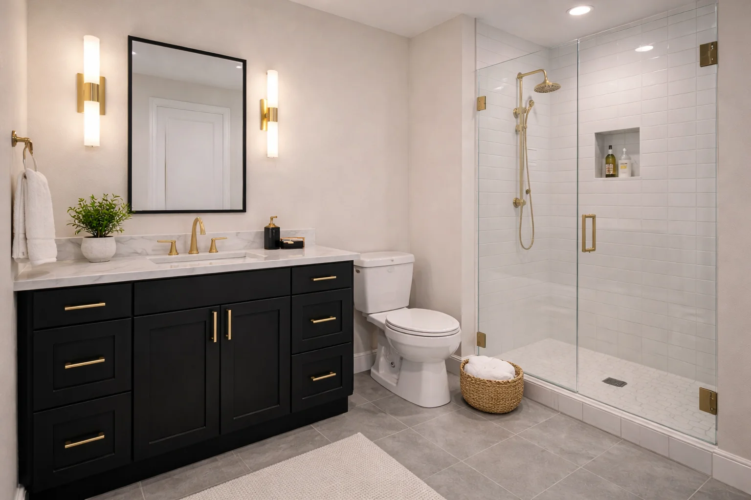 Bright modern bathroom featuring a custom onyx black double vanity with white countertops, a large mirror, and a freestanding white bathtub.