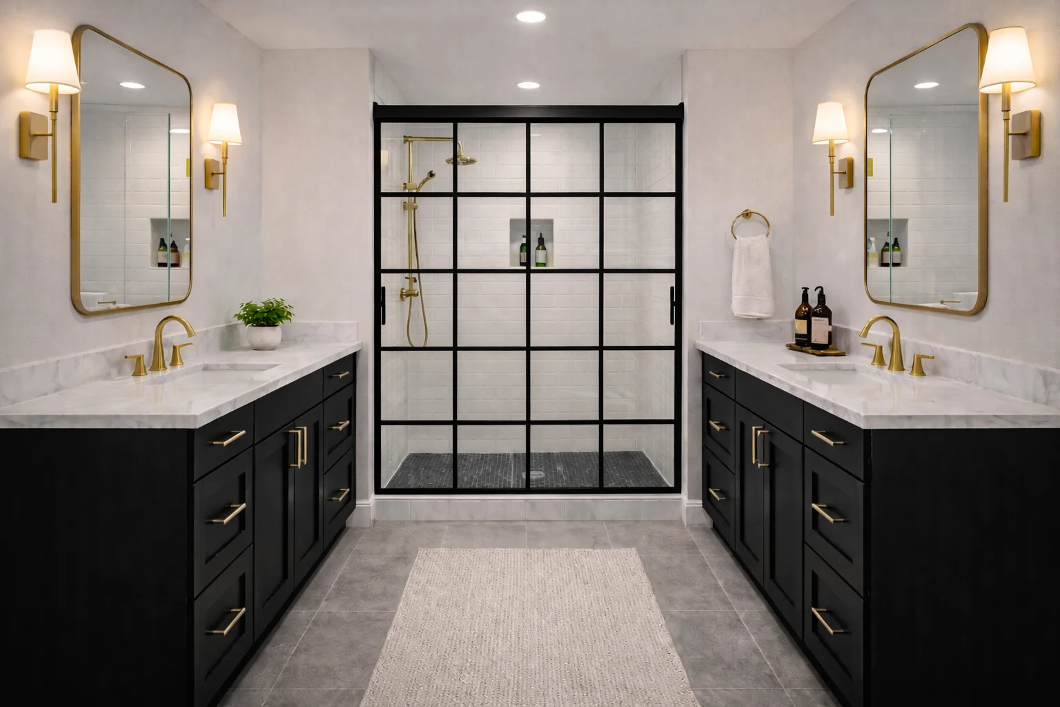 Modern bathroom featuring a custom onyx black double vanity with white countertops, dual mirrors, and a walk-in shower with a black grid glass enclosure.