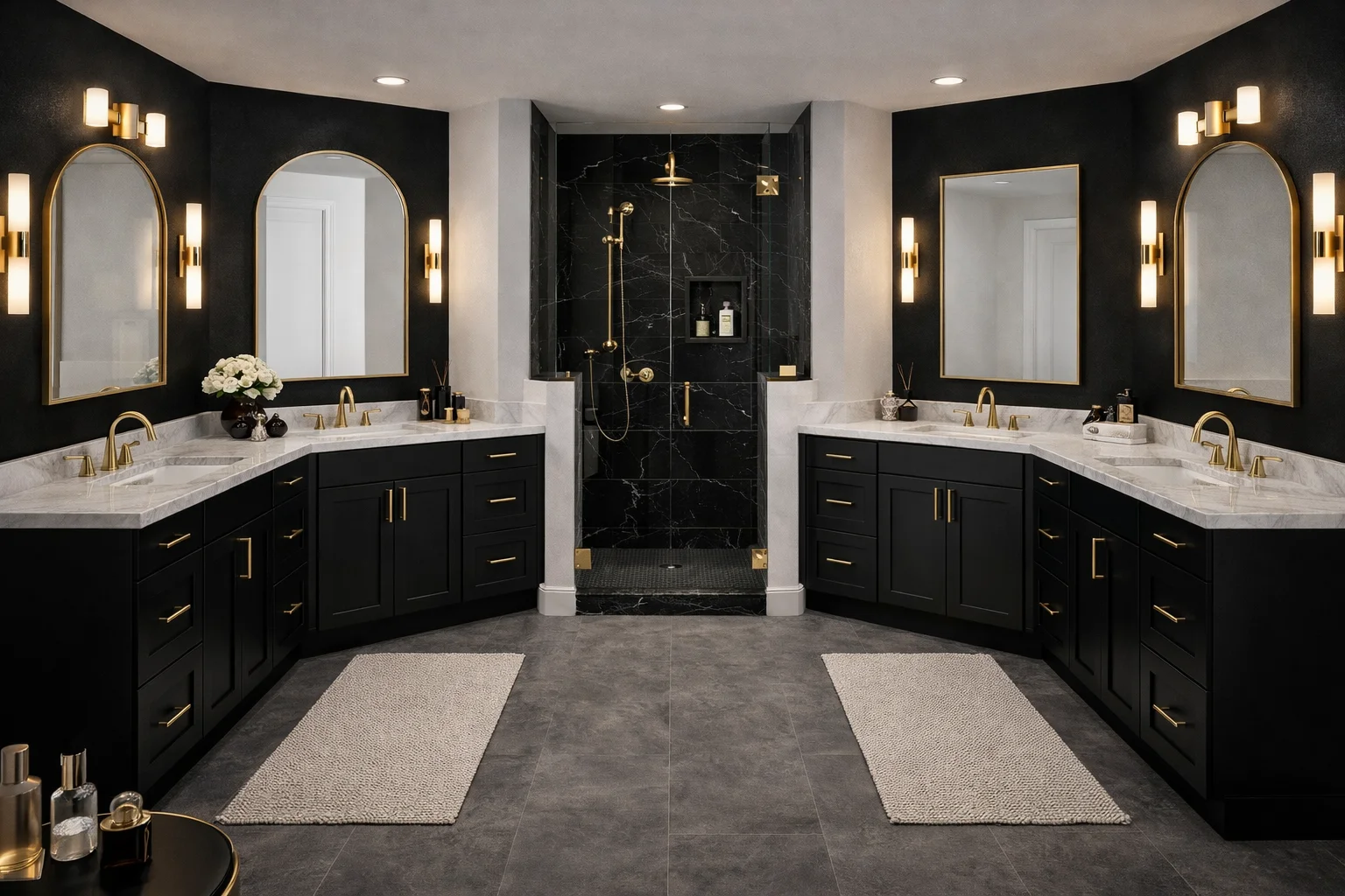 Modern bathroom featuring a custom onyx black flat-panel double vanity with white countertops, dual mirrors, and wood-look flooring.