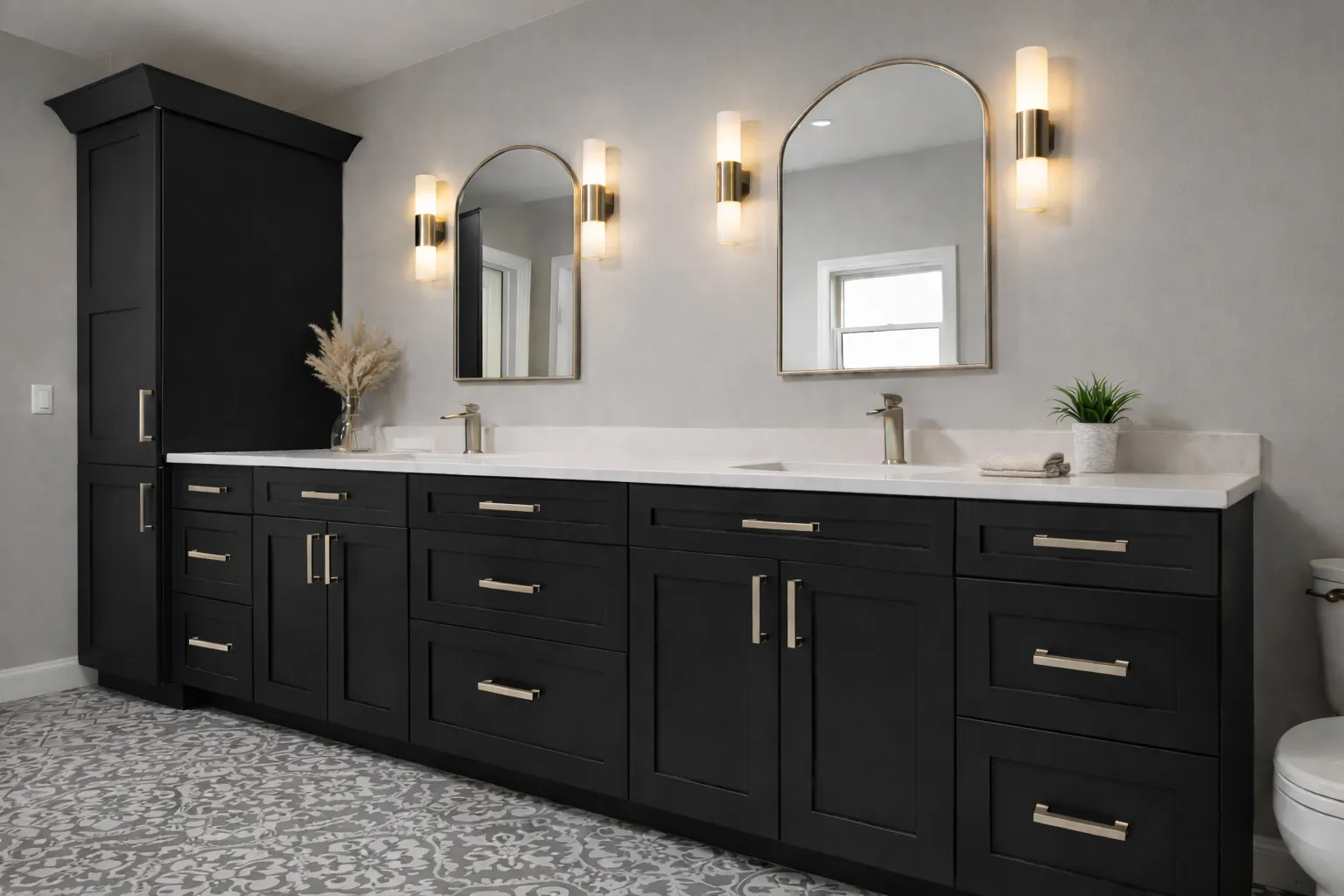 Modern bathroom featuring a custom onyx black double vanity, dual round mirrors, wall sconces, and a white countertop.