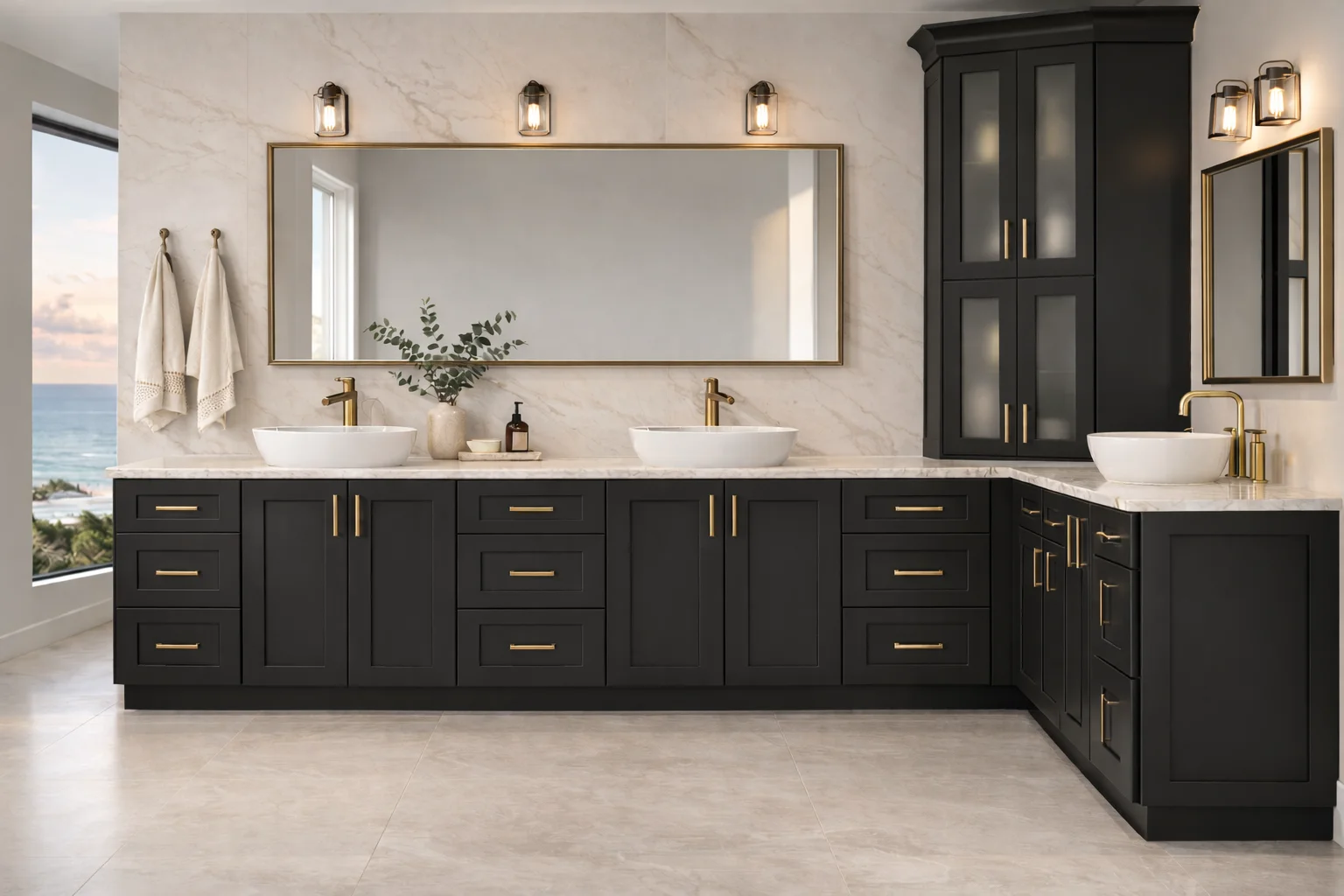 Modern bathroom featuring a custom onyx black double vanity with white countertops, a large single mirror, wall sconces, and dark tile flooring.