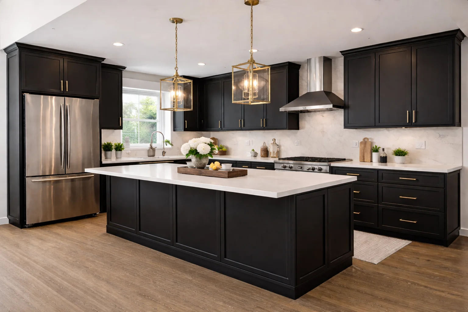 Modern kitchen featuring custom onyx black flat-panel cabinets, a white center island with seating, and wood flooring.